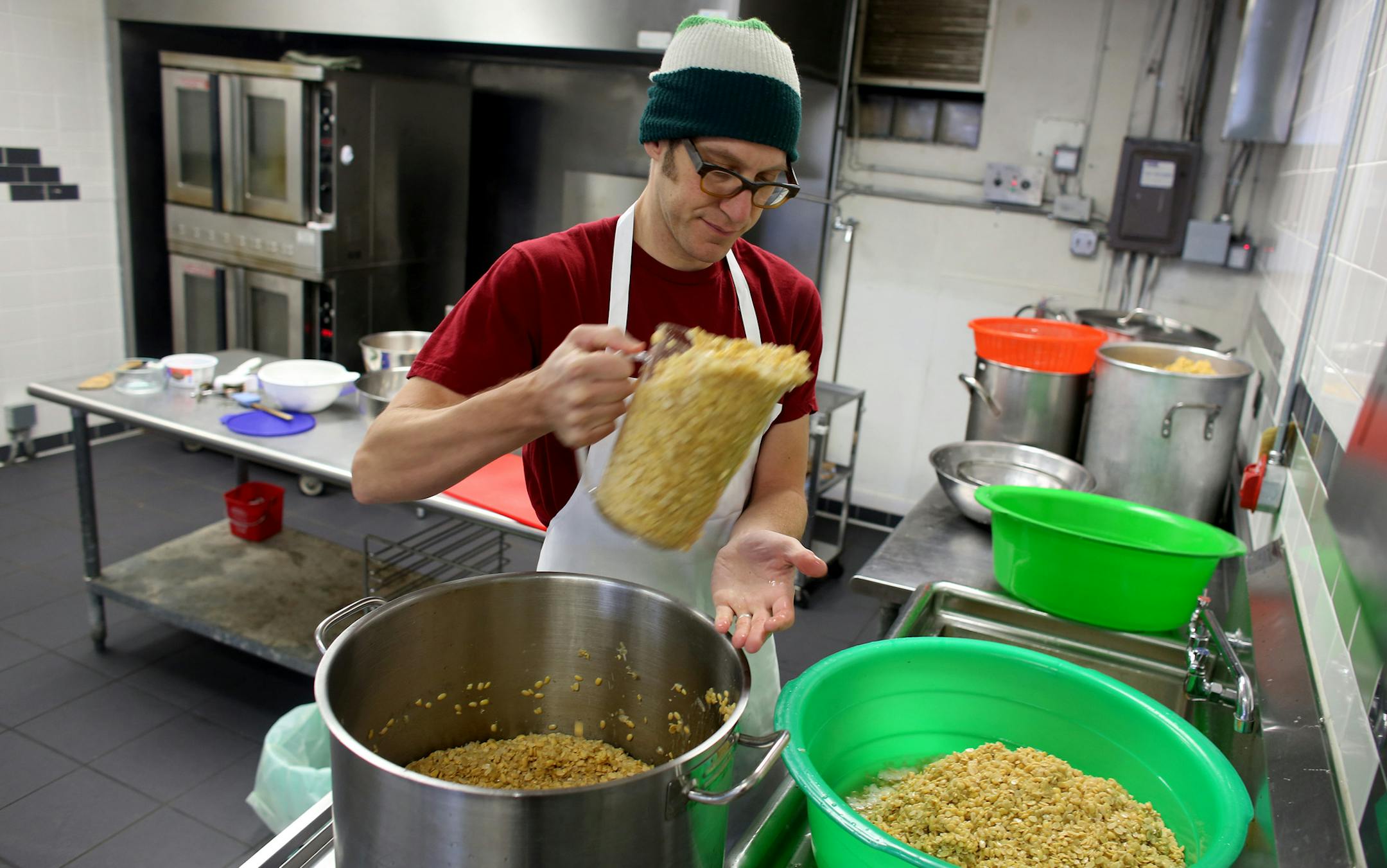 Ryan Billig, of Tempeh Tantrum, prepared to separate the husks from the soybeans as he made tempeh ] (KYNDELL HARKNESS/STAR TRIBUNE) kyndell.harkness@startribune.com At City Food Studio in Minneapolis, Min., Tuesday, December 9, 2014.