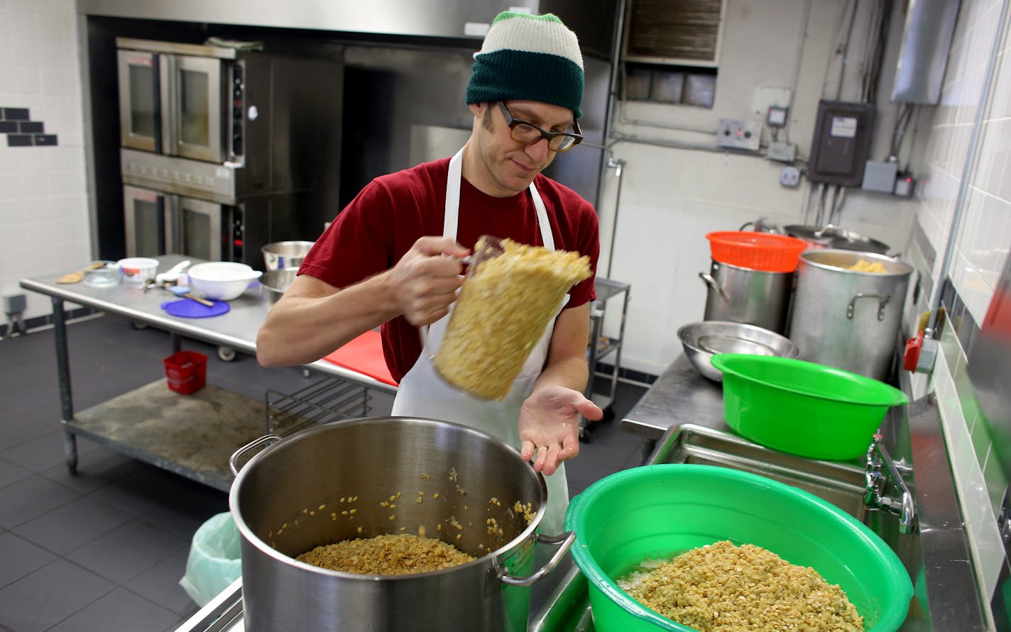 Ryan Billig, of Tempeh Tantrum, prepared to separate the husks from the soybeans as he made tempeh ] (KYNDELL HARKNESS/STAR TRIBUNE) kyndell.harkness@startribune.com At City Food Studio in Minneapolis, Min., Tuesday, December 9, 2014.