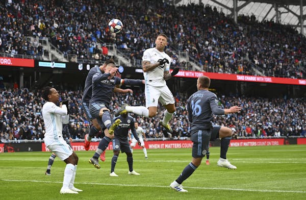 Minnesota United defender Francisco Calvo (5) jumped for a header in the first half off a corner kick against New York City.