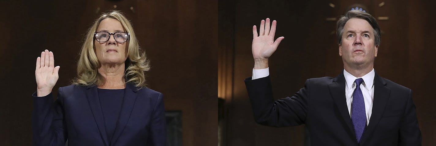 Christine Blasey Ford is sworn in before the Senate Judiciary Committee on Capitol Hill in Washington on Thursday, Sept. 27, 2018. (Win McNamee/Pool Photo via AP), Judge Brett Kavanaugh is sworn in before testifying to the Senate Judiciary Committee during his Supreme Court confirmation hearing on Capitol Hill in Washington on Thursday, Sept. 27, 2018. (Win McNamee/Pool Photo via AP) ORG XMIT: MIN2018092716274881 ORG XMIT: MIN1809271645181419