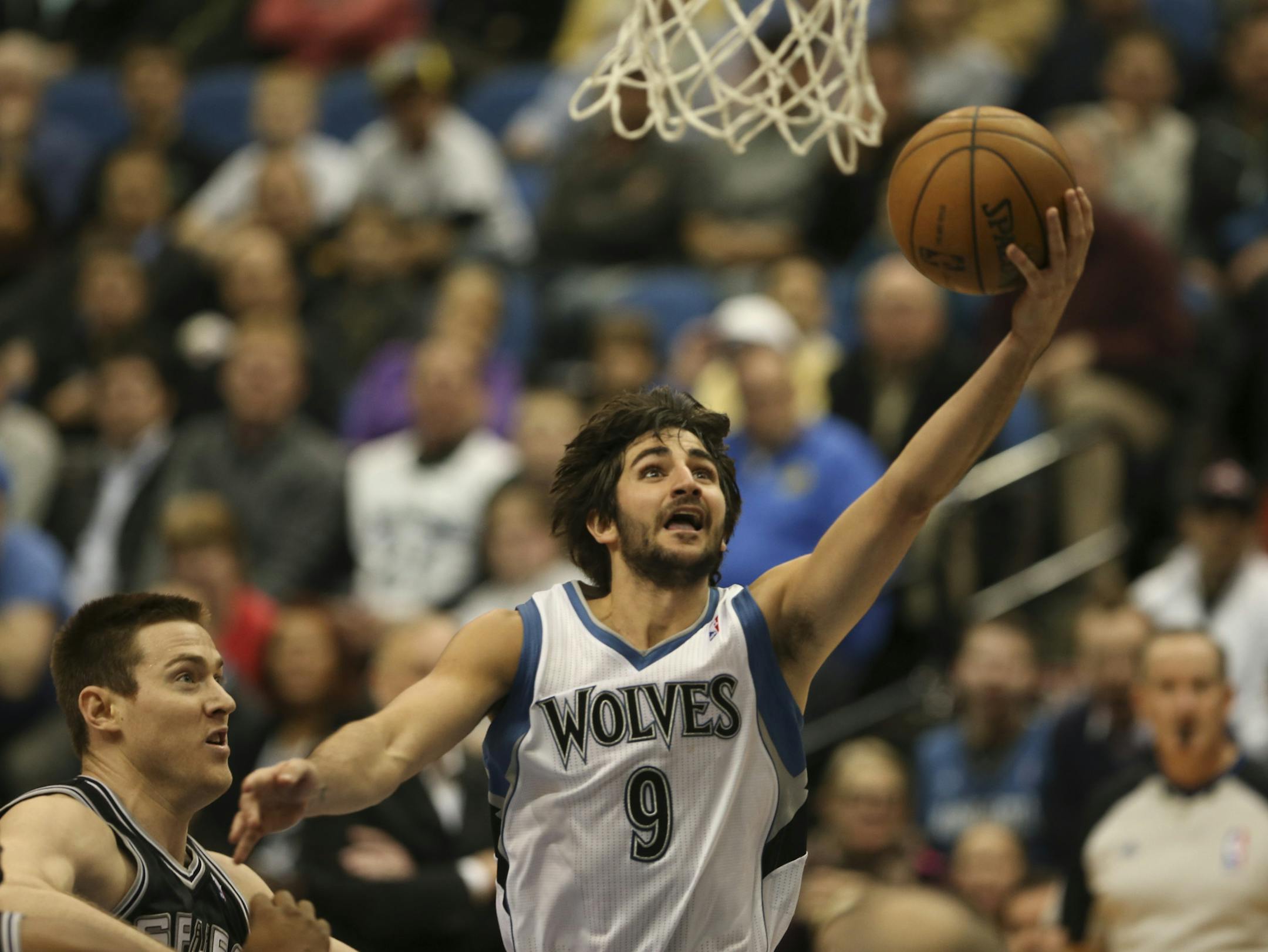 The Minnesota Timberwolves crushed the San Antonio Spurs 107-83 in an NBA basketball game Tuesday night, March 12, 2013 at Target Center in Minneapolis, Minn. With this fourth quarter layup, Ricky Rubio of the Timberwolves put up the last of his 21 points while earning his first career triple double along the way. ] JEFF WHEELER ‚Ä¢ jeff.wheeler@startribune.com
