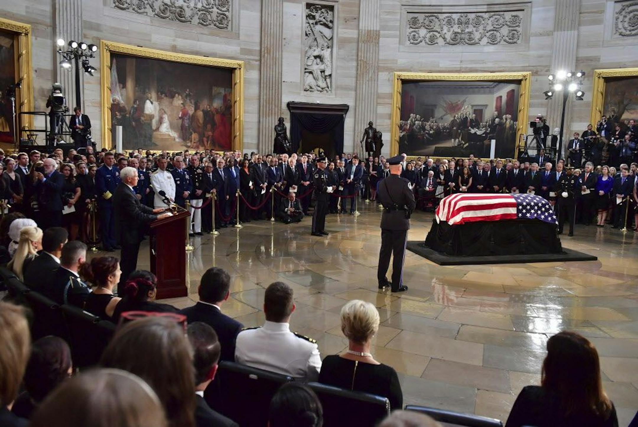 Vice President Mike Pence speaks during a ceremony for Sen. John McCain, R-Ariz., as he lies in state at the U.S. Capitol Rotunda Friday, Aug. 31, 2018, in Washington.