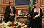 U.S. Secretary of State Mike Pompeo meets with the Saudi Crown Prince Mohammed bin Salman in Riyadh, Saudi Arabia, Tuesday Oct. 16, 2018. Pompeo also 