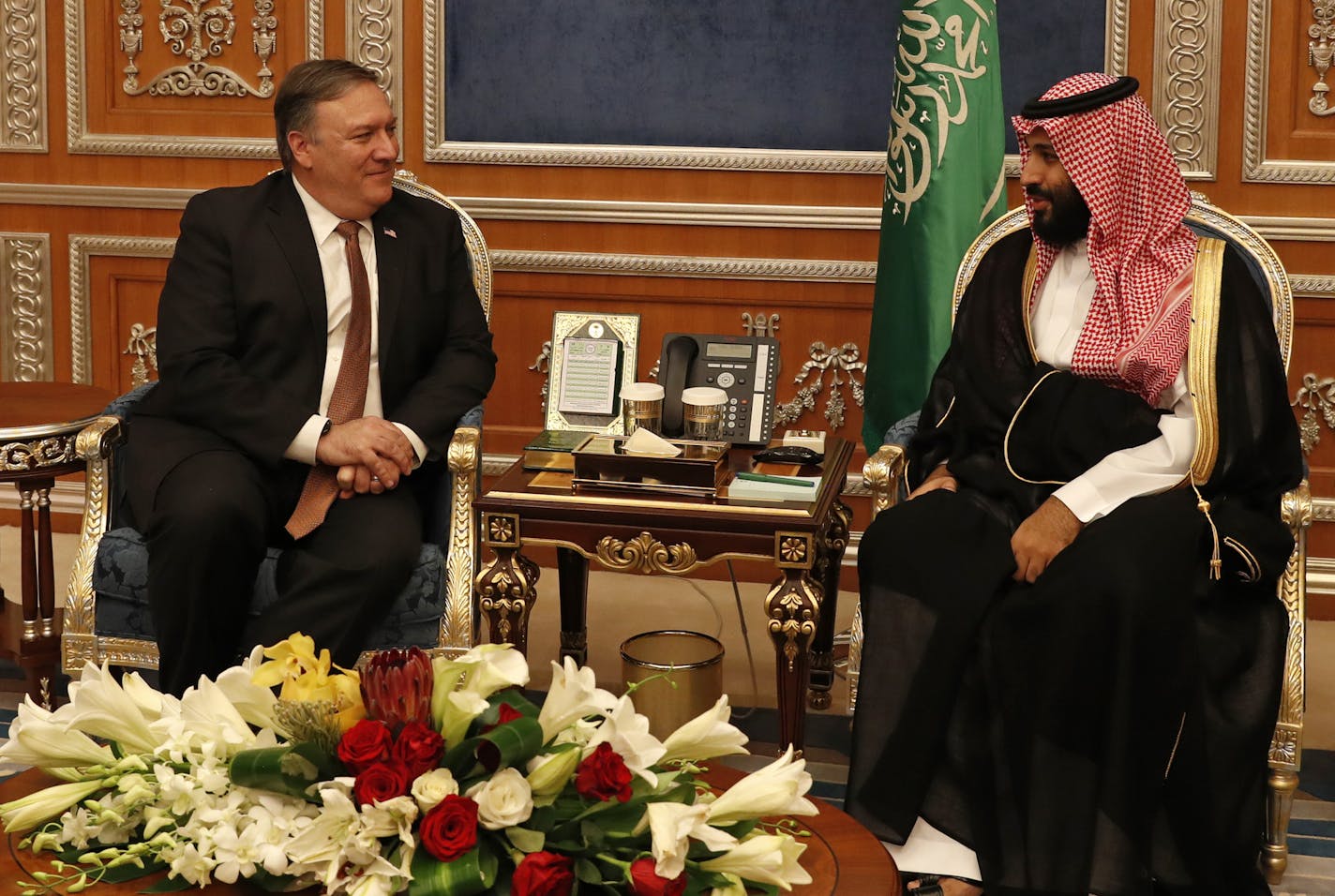 U.S. Secretary of State Mike Pompeo meets with the Saudi Crown Prince Mohammed bin Salman in Riyadh, Saudi Arabia, Tuesday Oct. 16, 2018. Pompeo also met on Tuesday with Saudi King Salman over the disappearance and alleged slaying of Saudi writer Jamal Khashoggi, who vanished two weeks ago during a visit to the Saudi Consulate in Istanbul. (Leah Millis/Pool via AP)