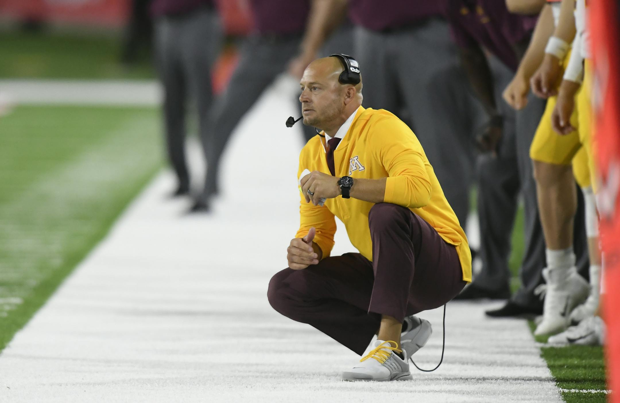 Gophers head coach P.J. Fleck watched his team from the sideline in the first half Saturday night against the Fresno State Bulldogs. ] Aaron Lavinsky • aaron.lavinsky@startribune.com The Minnesota Gophers played the Fresno State Bulldogs on Saturday, Sept. 7, 2019 at Bulldog Stadium in Fresno, Calif.