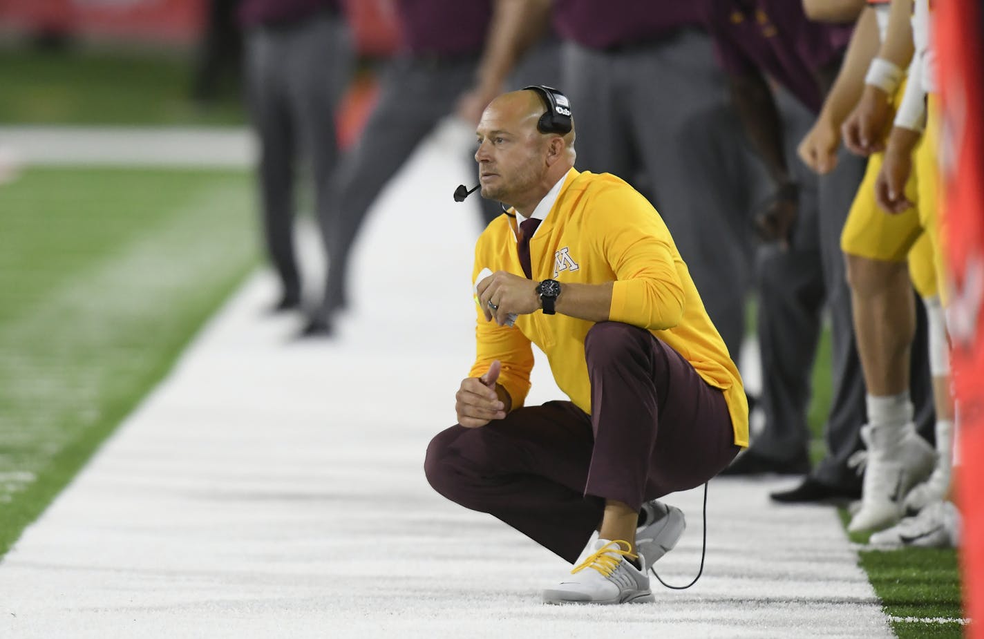 Gophers head coach P.J. Fleck watched his team from the sideline in the first half Saturday night against the Fresno State Bulldogs. ] Aaron Lavinsky &#x2022; aaron.lavinsky@startribune.com The Minnesota Gophers played the Fresno State Bulldogs on Saturday, Sept. 7, 2019 at Bulldog Stadium in Fresno, Calif.