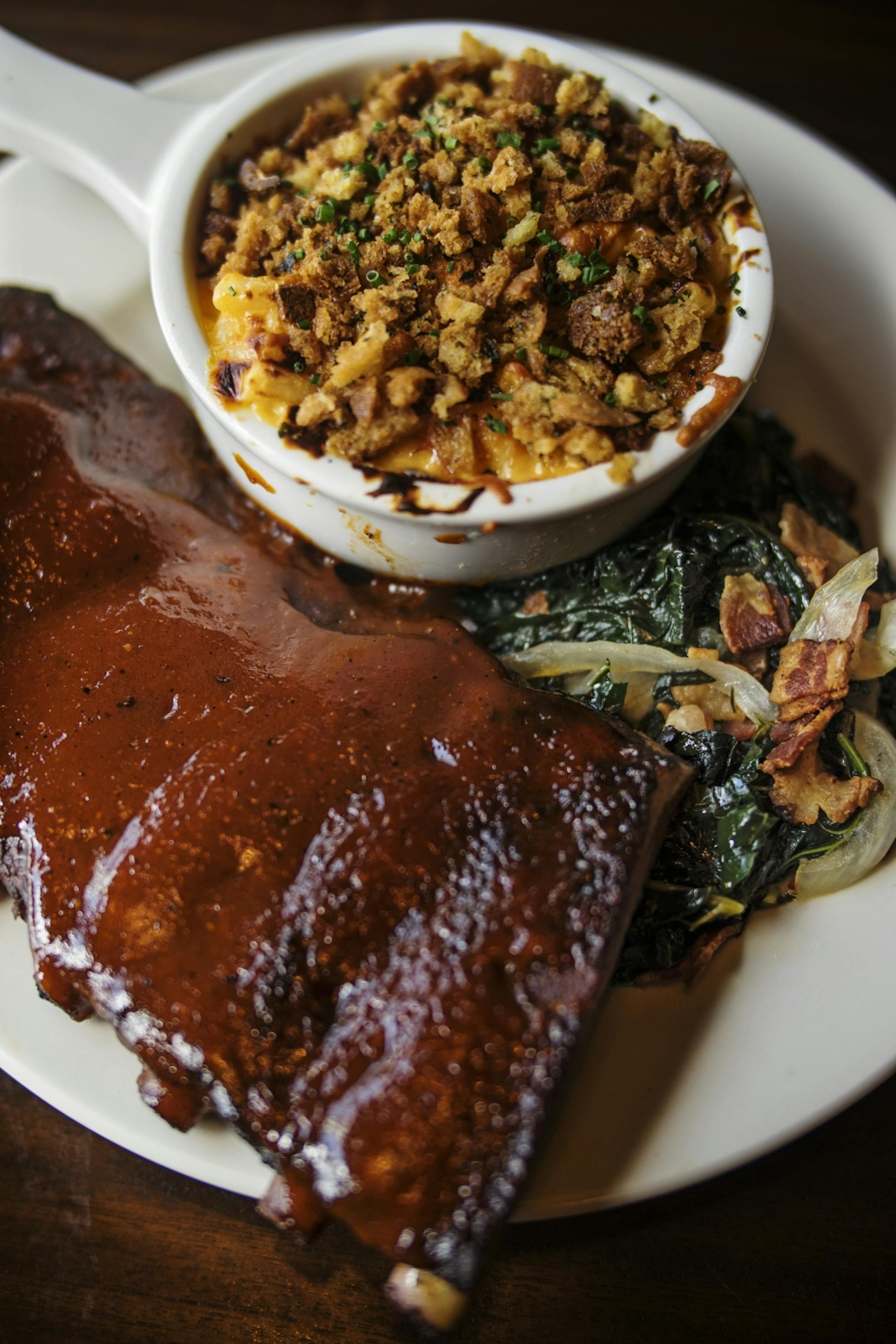 The Wednesday blue plate special is bbq spare ribs, mac and cheese with greens.