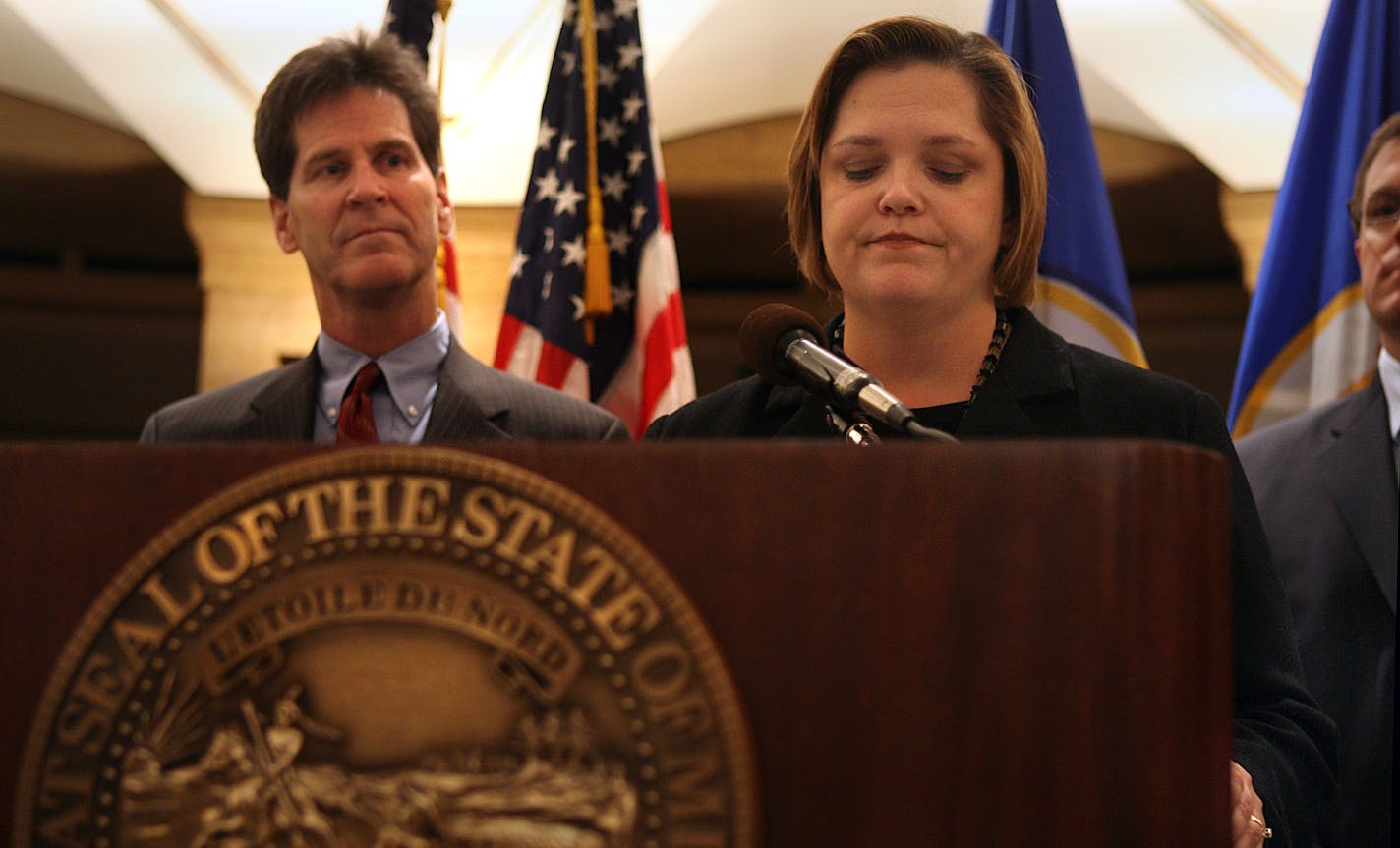 Larry Pogemiller and Margaret Anderson Kelliher were among the DFL leaders who spoke of their focus on job growth, despite coming cuts.