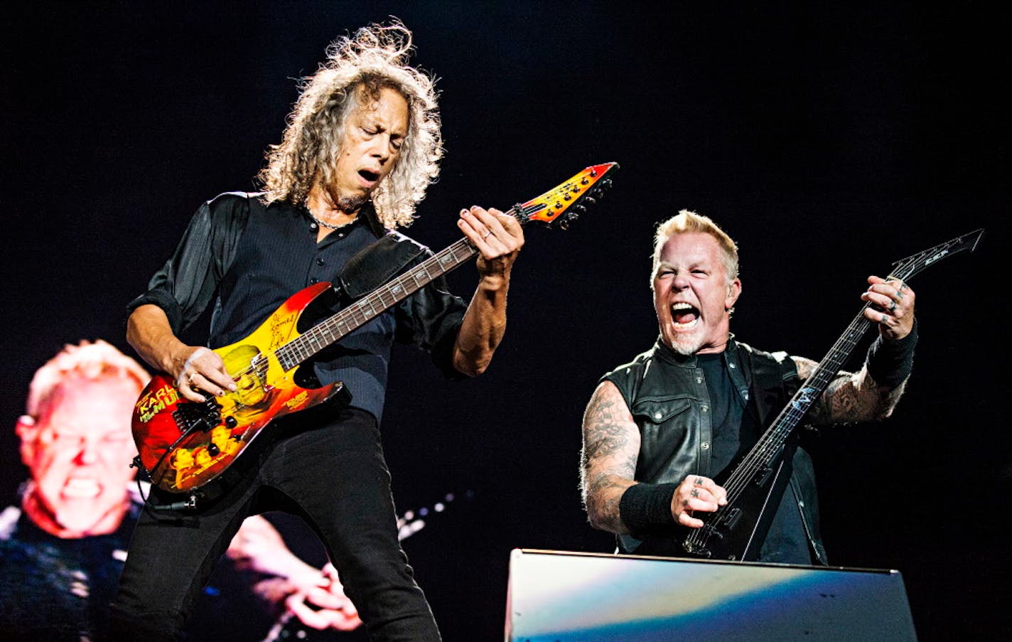 Kirk Hammett, left, and James Hetfield of Metallica perform during the Festival d'ete de Quebec on Friday July 14, 2017, in Quebec City, Canada.