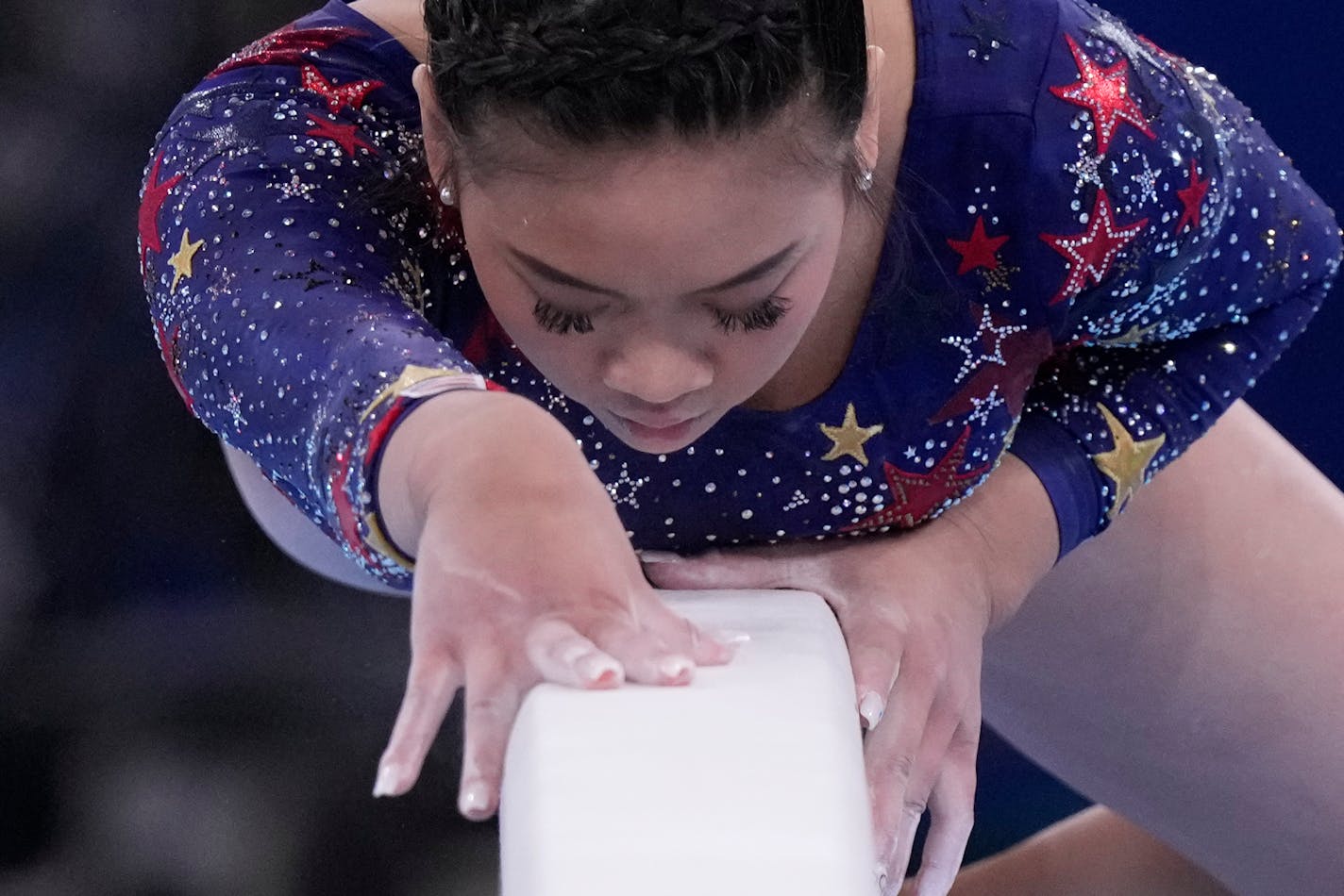 Sunisa Lee, of the United States, performs on the balance beam during the women's artistic gymnastic qualifications at the 2020 Summer Olympics, Sunday, July 25, 2021, in Tokyo. (AP Photo/Gregory Bull)