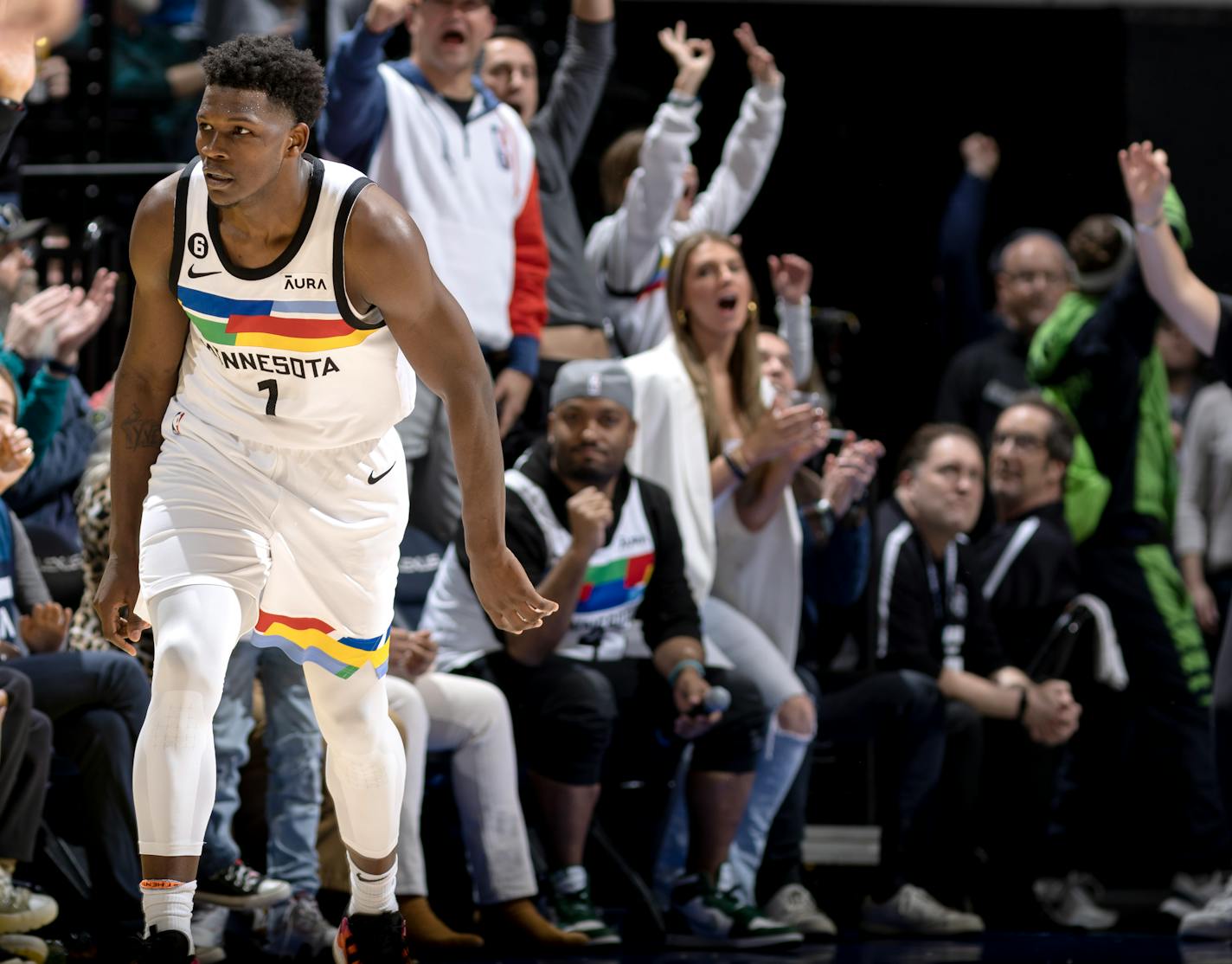 Anthony Edwards (1) of the Minnesota Timberwolves makes a three pointer in the fourth quarter Sunday, March 2, 2023, at Target Center in Minneapolis, Minn. ] CARLOS GONZALEZ • carlos.gonzalez@startribune.com.