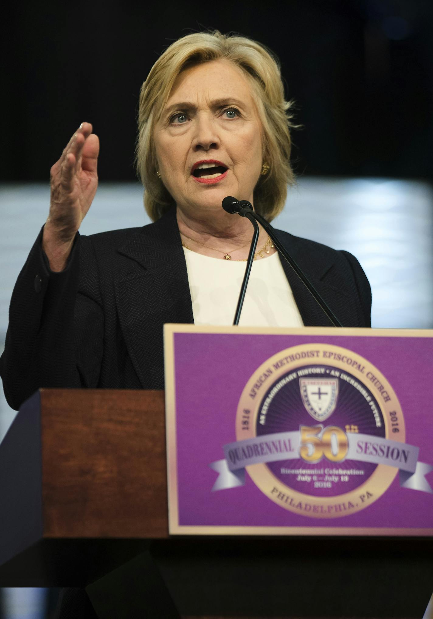 Democratic presidential candidate Hillary Clinton speaks at the African Methodist Episcopal church national convention in Philadelphia, Friday, July 8, 2016. (AP Photo/Matt Rourke)