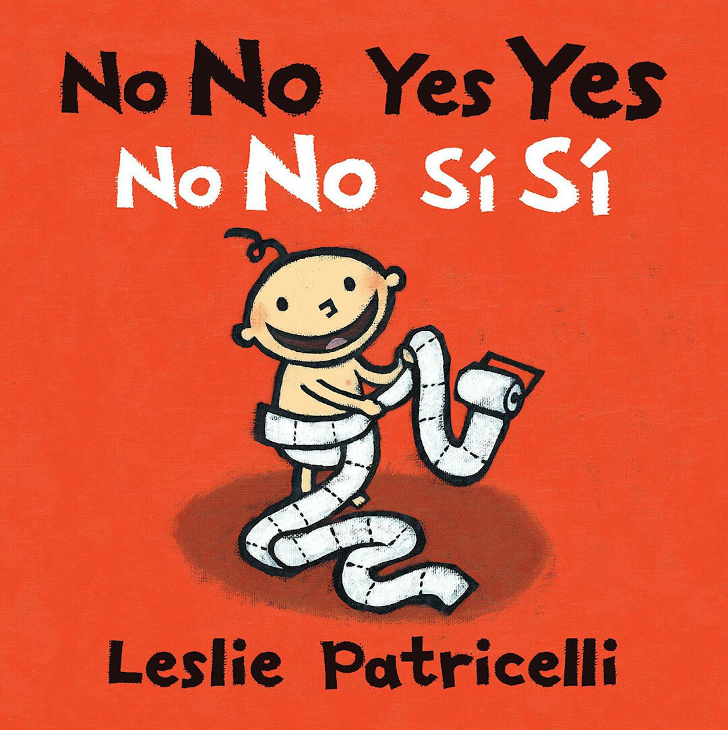 Against a red background, cover of No No Yes Yes No No Si Si is a cartoon of a baby wrapped up in toilet paper