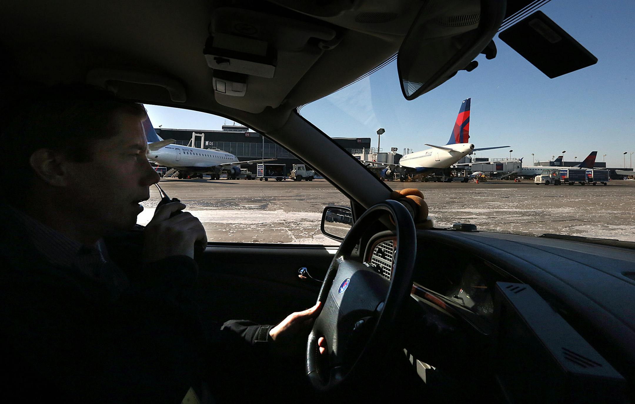 Jeff Mattson, an airside operations duty manager at Minneapolis-St. Paul International Airport, demonstrated how the airport uses specially equipped cars to measure runway traction against federal standards.