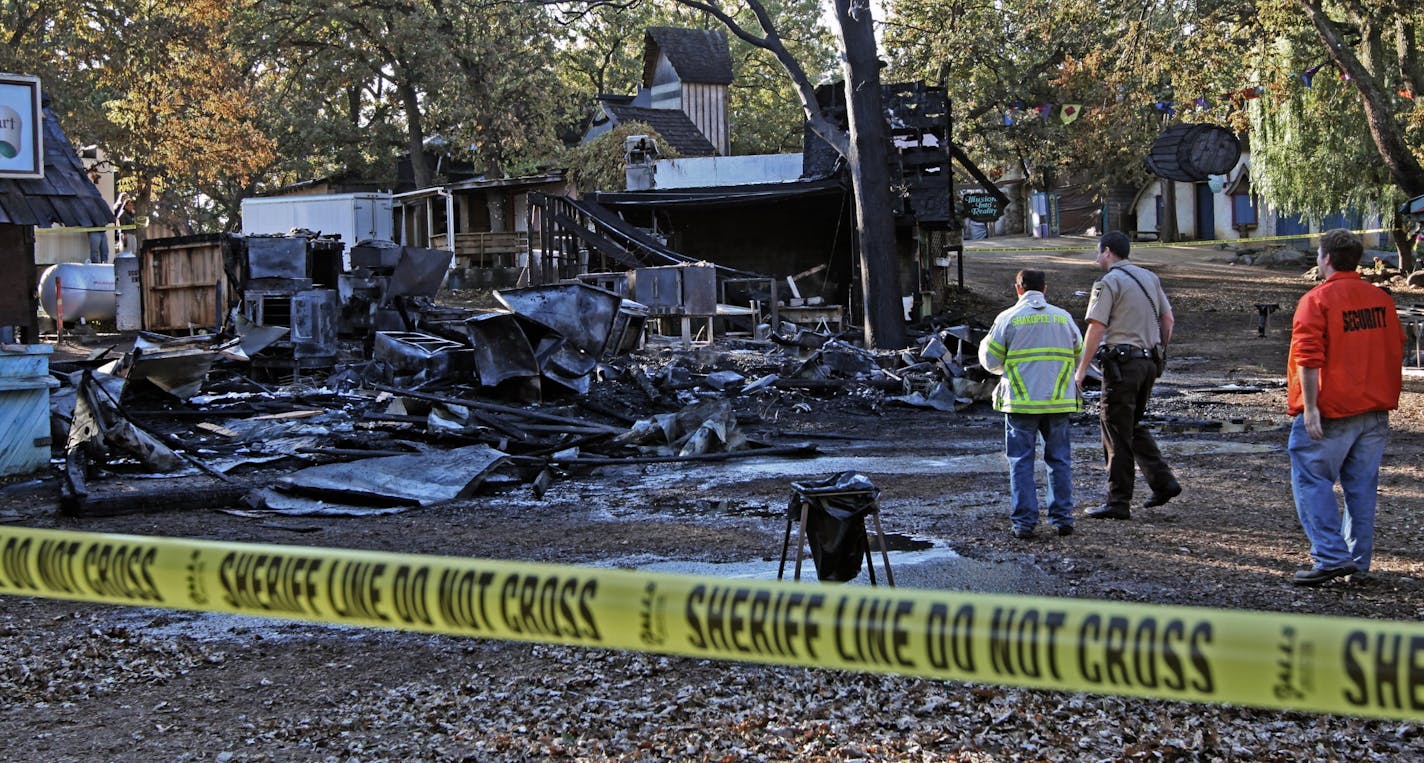 Investigators looked through the rubble after a fire destroyed the Rogues Chicken, Scotch egg, and pizza booths at the Minnesota Renaissance Festival on 9/30/11. There were no injuries reported in the fire and the festival was open for business as usual. Five booths in total were destroyed in the fire.