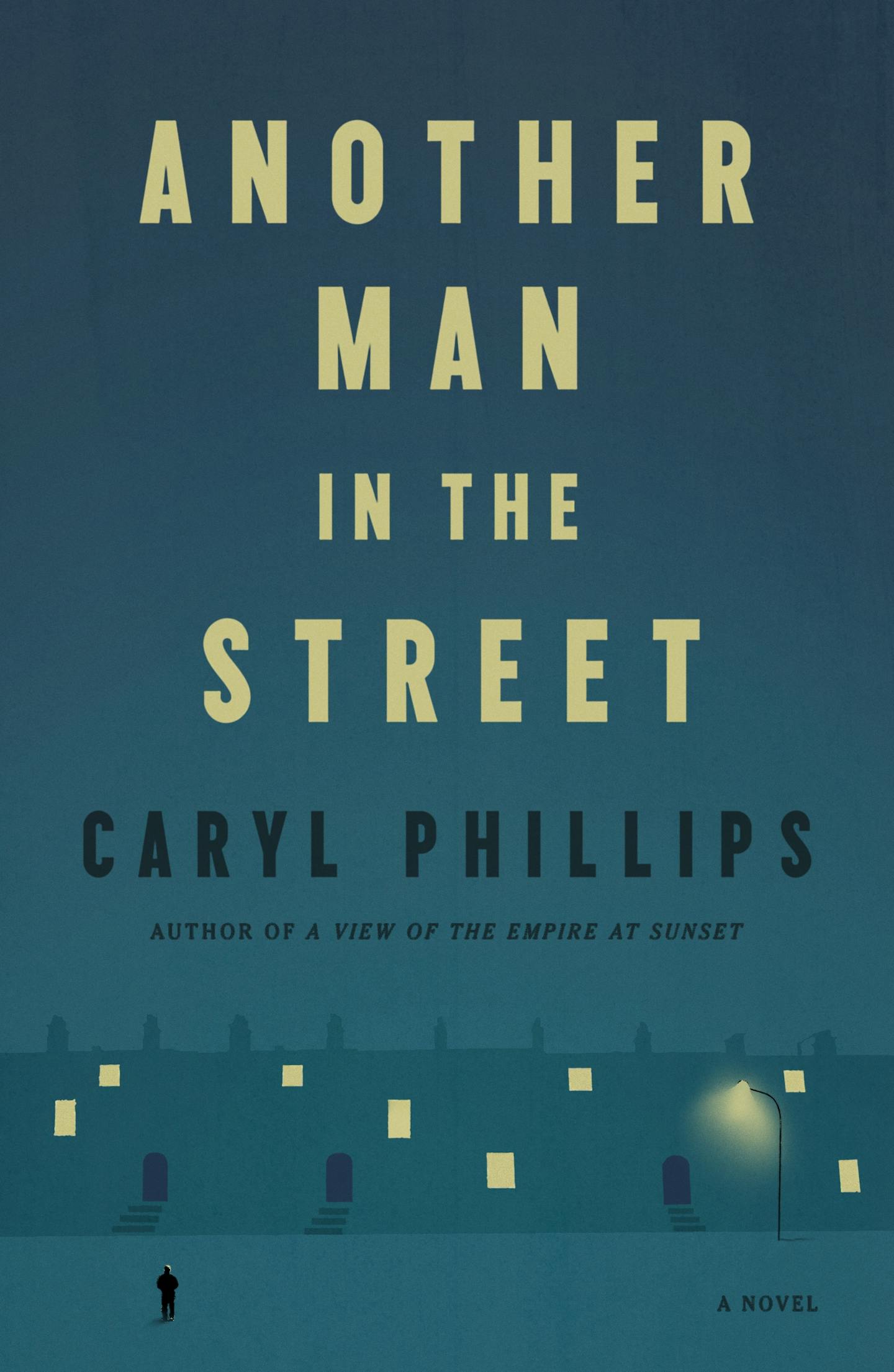 blue-tinged cover of Another Man in the Street is an illustration of a man standing outside a large building