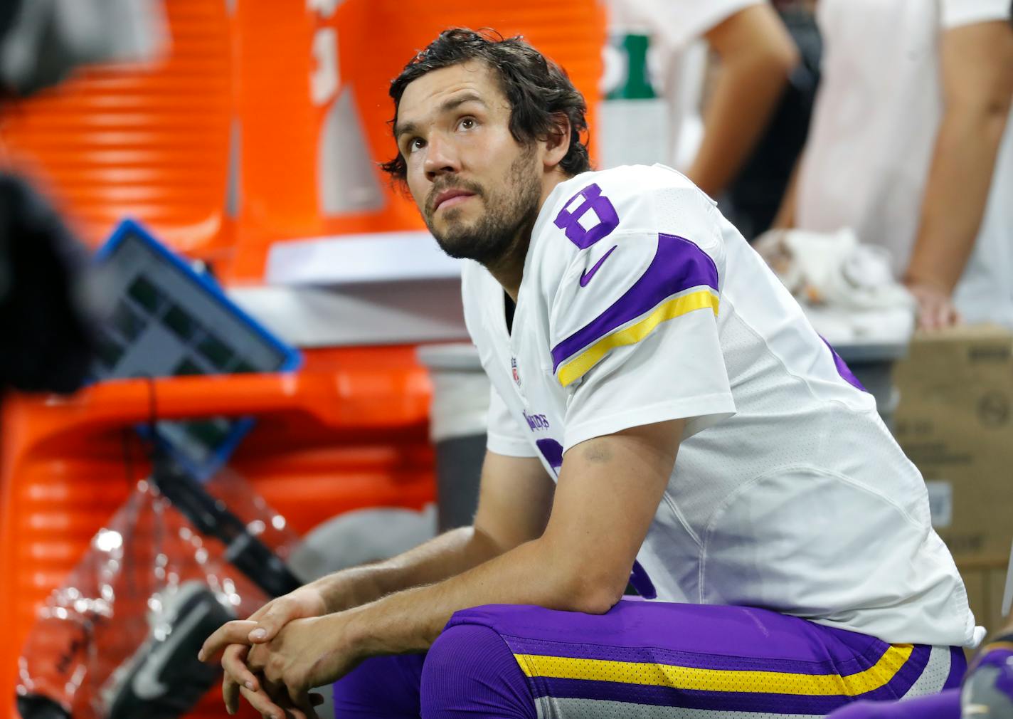 Vikings quarterback Sam Bradford watched from the bench against the Detroit Lions during a Thanksgiving Day loss.