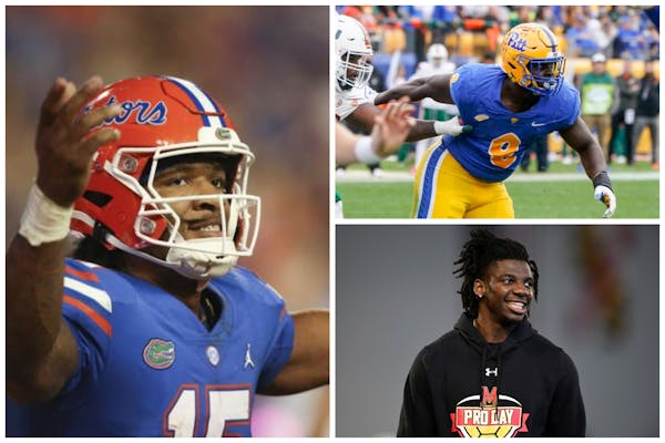 Football writer Ben Goessling thinks the Vikings could trade up in order to draft Florida quarter Anthony Richardson (left) in the first round. Or the