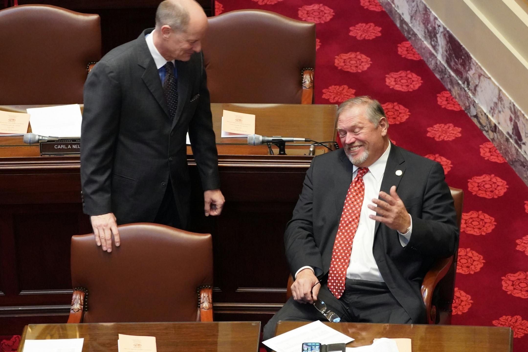 Senate Majority Leader Paul Gazelka, R-Baxter came over to former Senate Minority Leader Thomas Bakk, DFL-Cook. Sen. Susan Kent, DFL-Woodbury replaced him as Minority Leader this session.