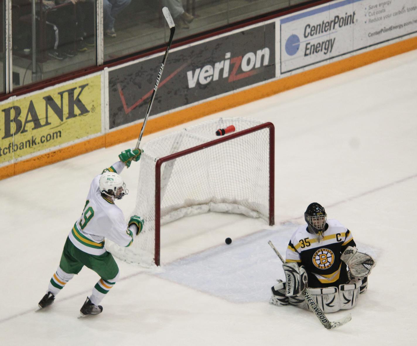 JEFF WHEELER â€¢ jeff.wheeler@startribune.com MINNEAPOLIS - 3/2/11 - The Edina Hornets beat the Burnsville Blaze 3-2 in the Boys Section 2AA Championship game Wednesday night at Mariucci Arena in Minneapolis. IN THIS PHOTO: ] Edina's Steven Fogarty raised his stick to celebrate after his teammate Jake Sampson scored the game winner late in the third period on Burnsville goalie Bodhi Engum Wednesday night.