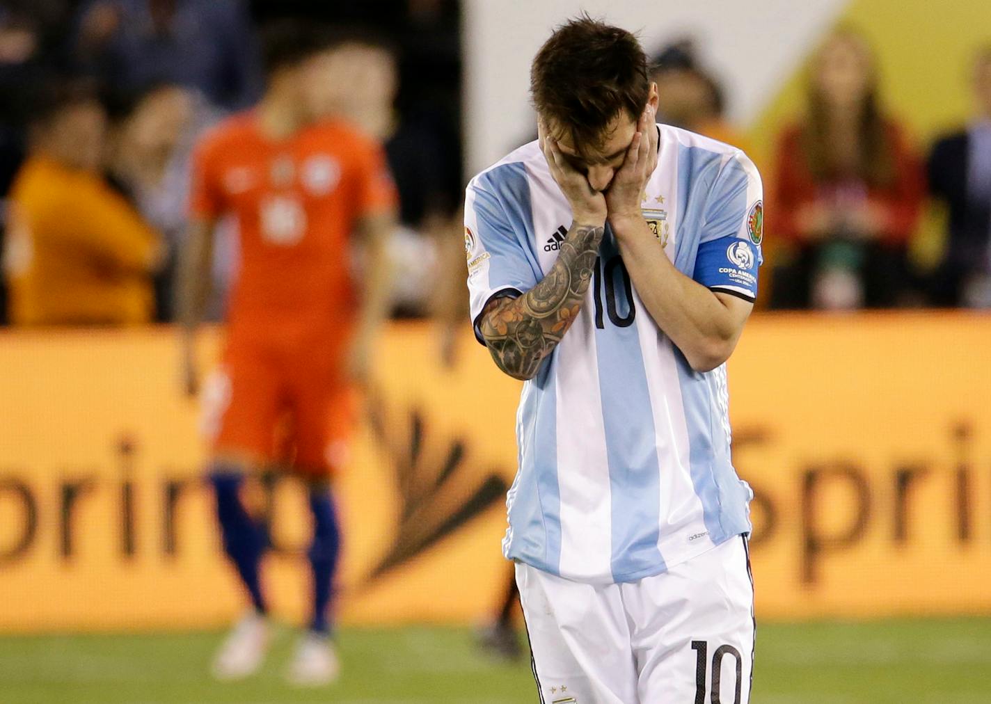 Argentina's Lionel Messi reacted after missing his shot during penalty kicks in the Copa America Centenario championship soccer match, Sunday, June 26, 2016, in East Rutherford, N.J. Chile defeated Argentina 4-2- in penalty kicks.