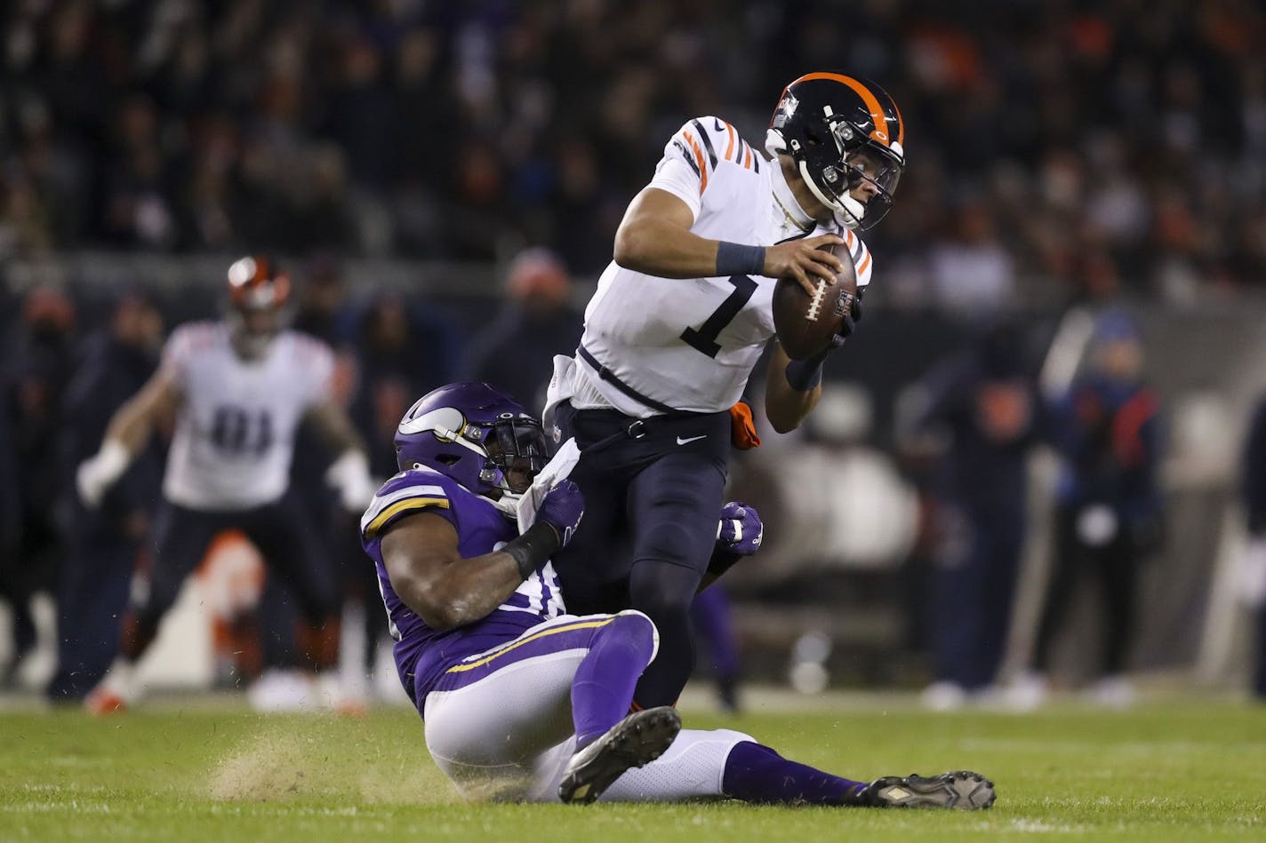 Vikings defensive end D.J. Wonnum tackles Bears quarterback Justin Fields during the third quarter at Soldier Field on Dec. 20, 2021.