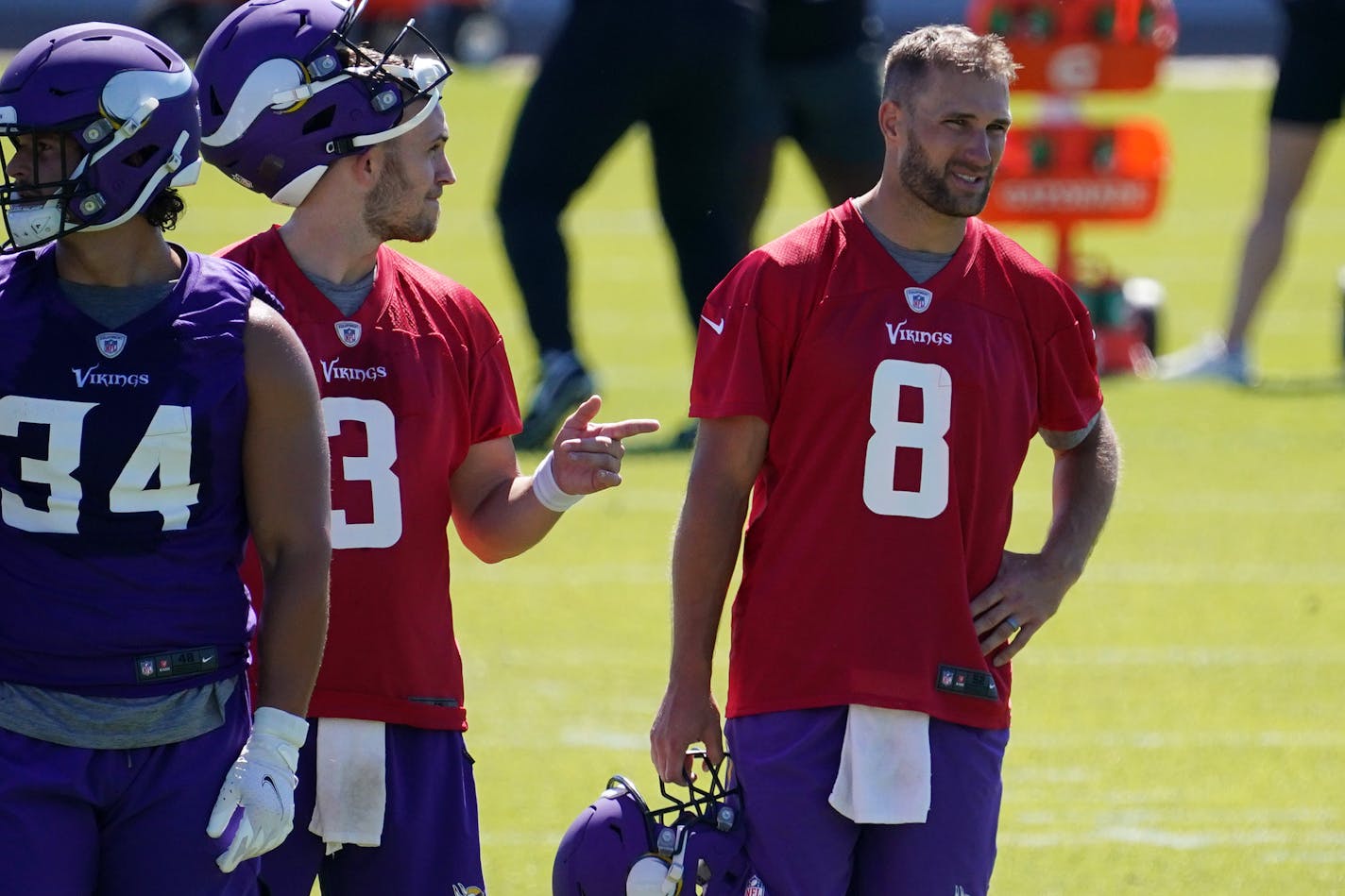 Minnesota Vikings quarterback Kirk Cousins (8) watched his teammates during the first day of mandatory minicamp Tuesday in Eagan. ] ANTHONY SOUFFLE • anthony.souffle@startribune.com