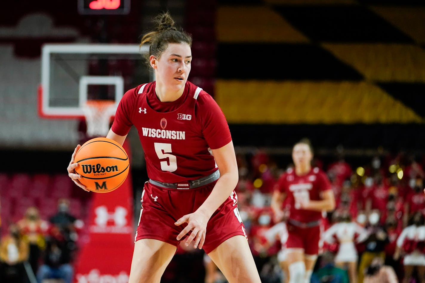 Wisconsin guard Julie Pospisilova works the floor against Maryland during the first half of an NCAA college basketball game, Wednesday, Feb. 9, 2022, in College Park, Md. (AP Photo/Julio Cortez)