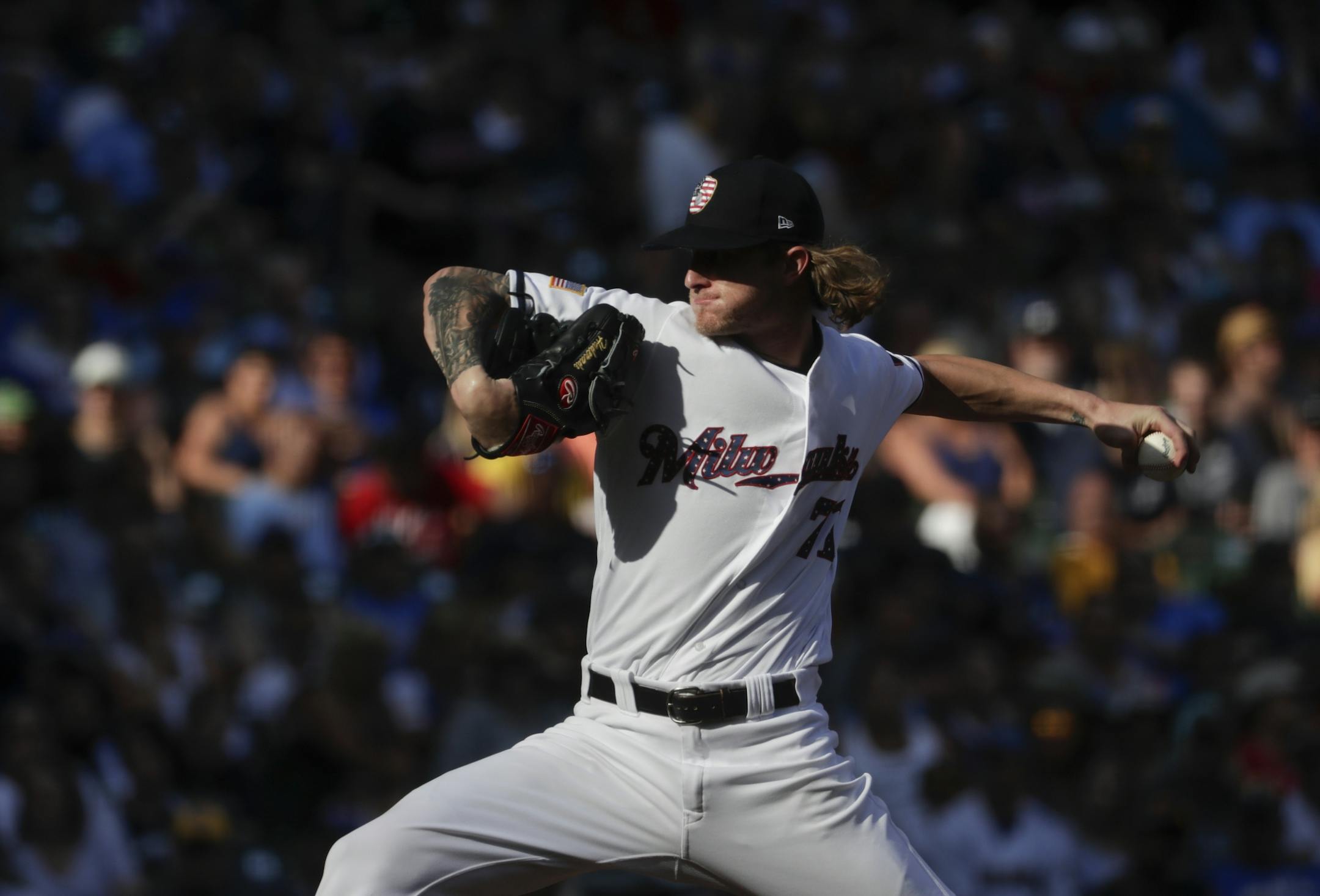 Milwaukee Brewers relief pitcher Josh Hader throws during the seventh inning of a baseball game against the Minnesota Twins Tuesday, July 3, 2018, in Milwaukee.