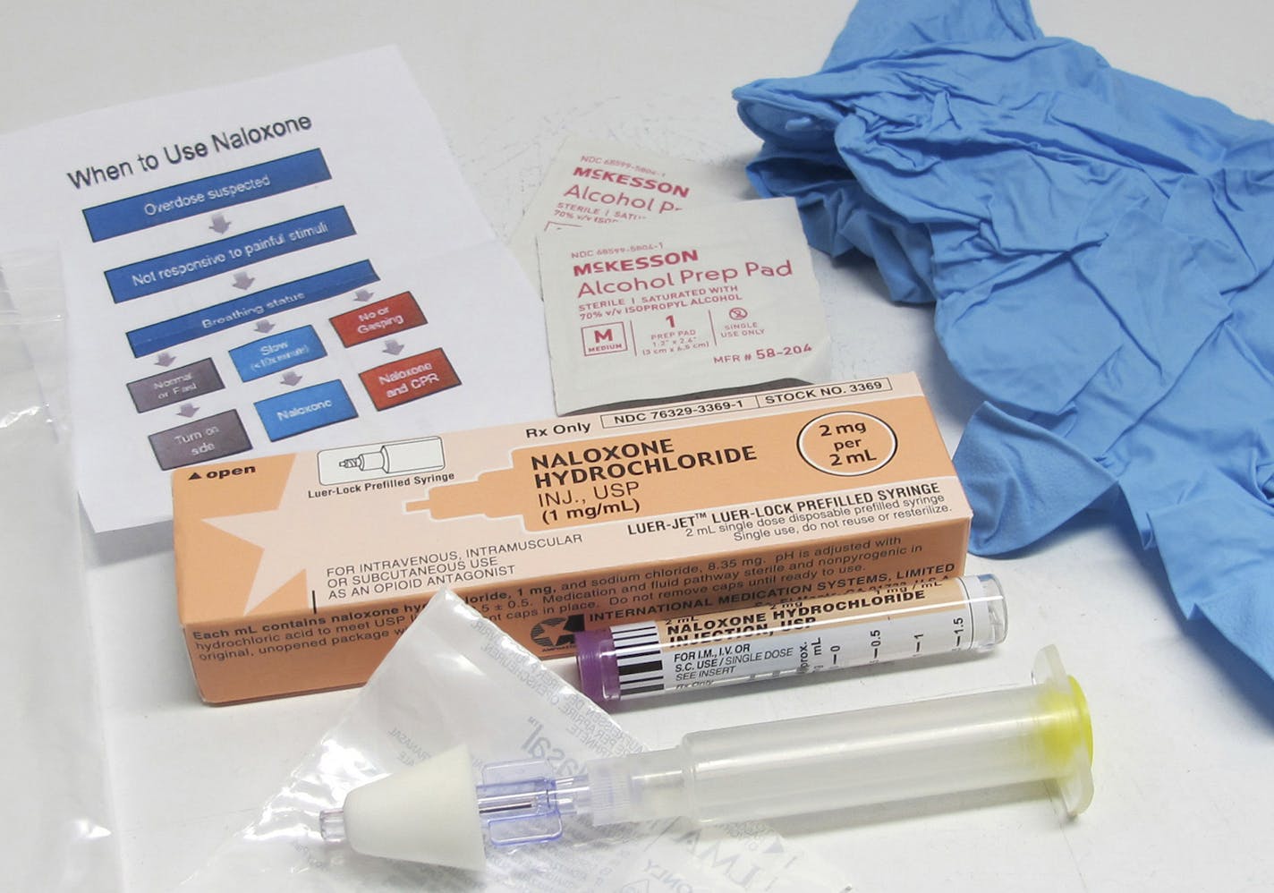 FILE - This May 13, 2015, file photo shows the contents of a drug overdose rescue kit at a training session on how to administer naloxone, which reverses the effects of heroin and prescription painkillers, in Buffalo, N.Y. In addition to checking out and re-shelving books, San Francisco public library staffers may soon be trained to administer medication to reverse heroin overdoses among the growing number of opioid users who are homeless. (AP Photo/Carolyn Thompson, File) ORG XMIT: MIN201704201