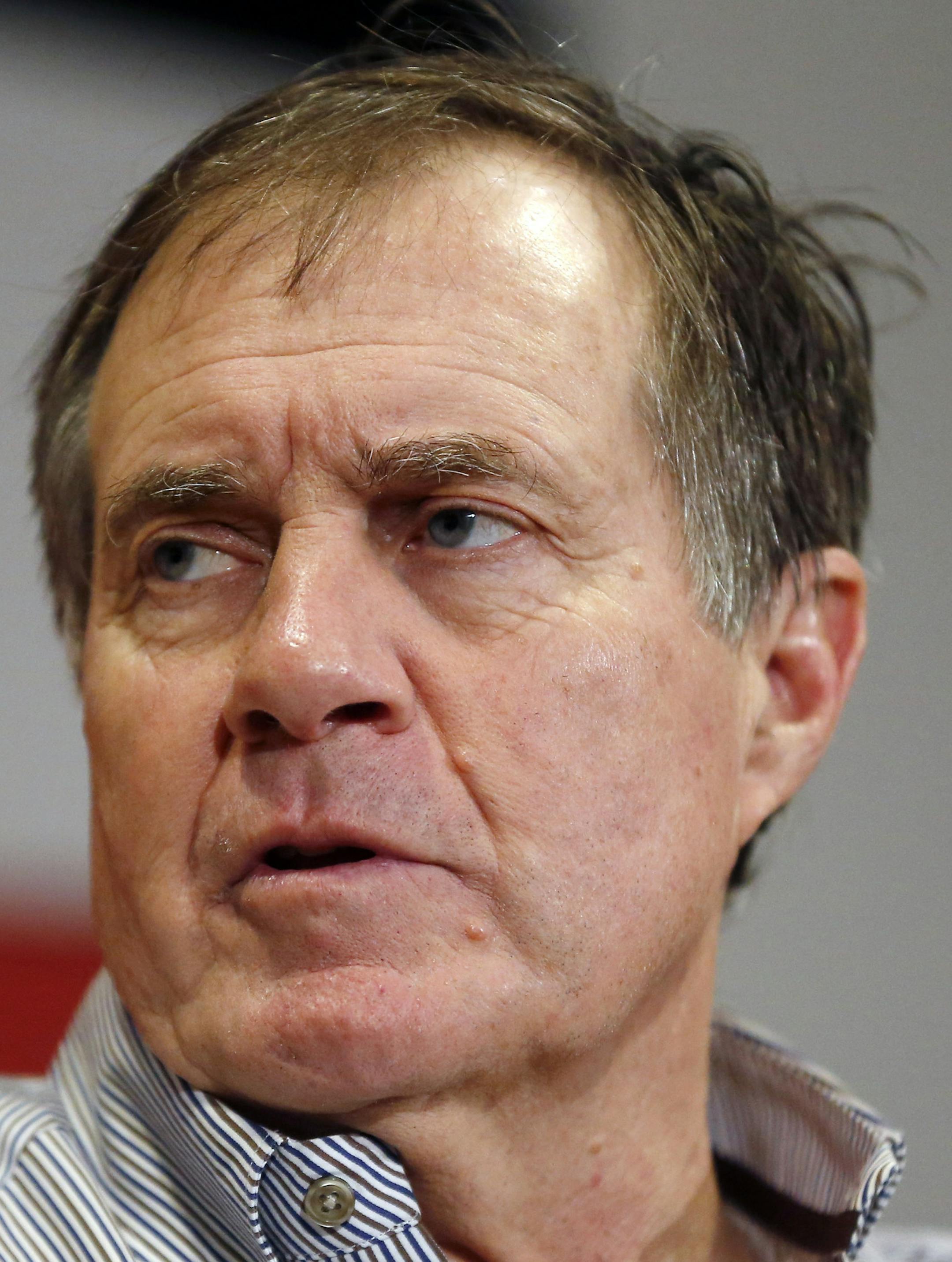 New England Patriots head coach Bill Belichick speaks during a press conference after the NFL football AFC Championship game against the Indianapolis Colts Sunday, Jan. 18, 2015, in Foxborough, Mass. The Patriots defeated the Colts 45-7 to advance to the Super Bowl against the Seattle Seahawks. (AP Photo/Elise Amendola) ORG XMIT: FBO265