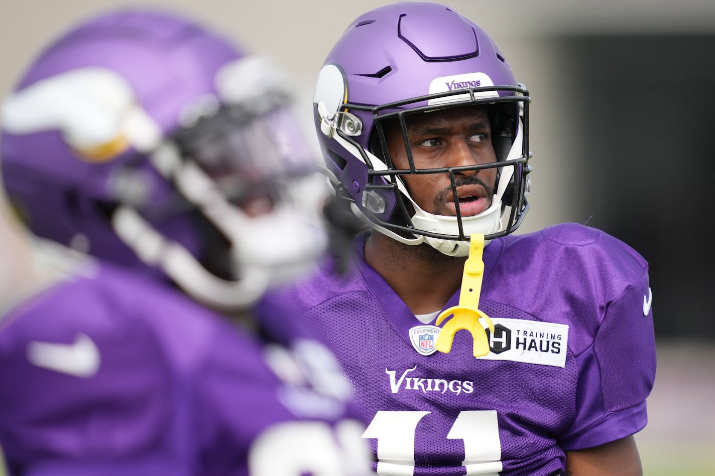 Vikings cornerback Mekhi Blackmon watched a drill during the training camp Saturday in Eagan.