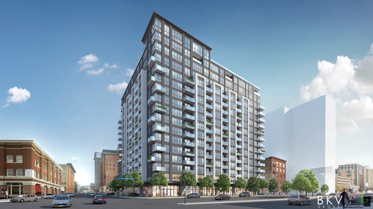 The Wilf family plans to build a 17-story tower with 201 apartments on a parking lot - one of the last undeveloped sites along Washington Avenue in downtown Minneapolis. Image: BKV Group