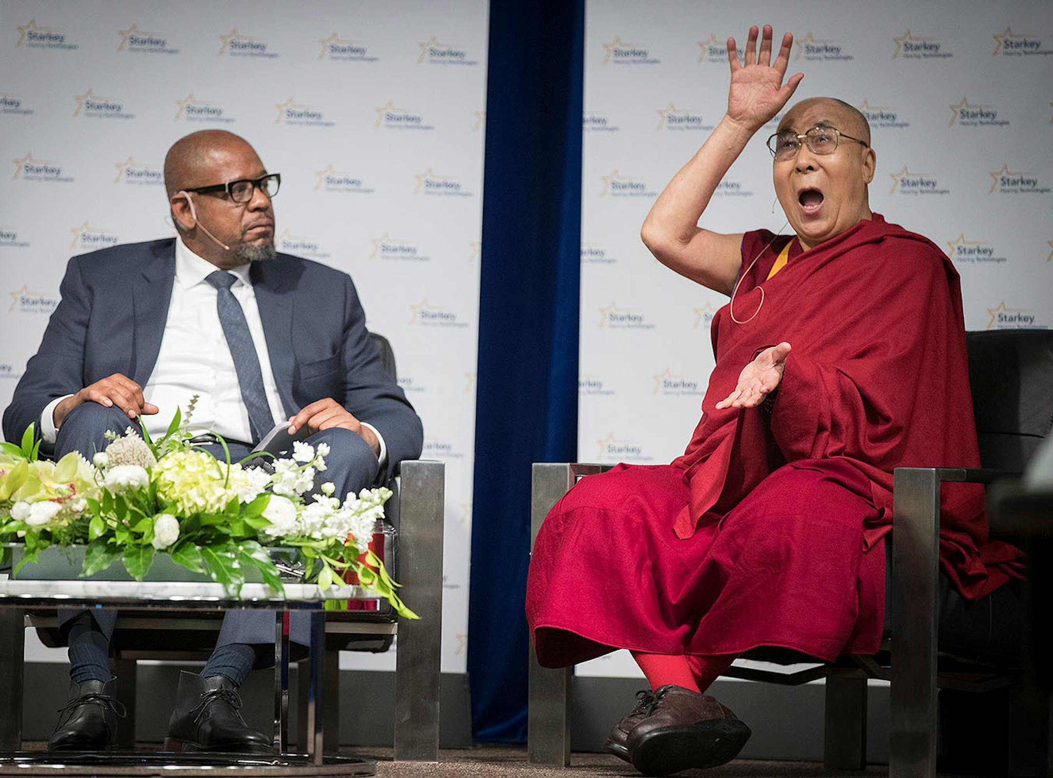 Actor Forest Whitaker and the Dalai Lama participated in a panel discussion at Starkey Hearing Technologies, Friday, June 23, 2017 in Eden Prairie, MN.