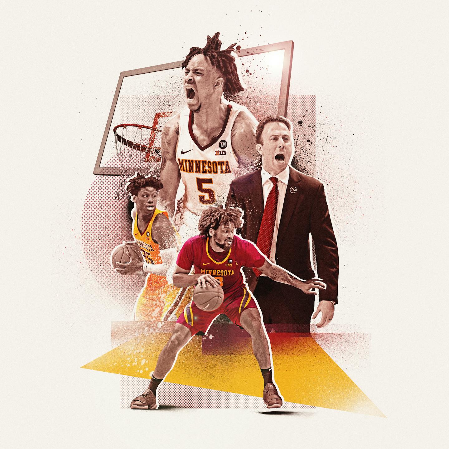 Minnesota Gophers inline image for the 2019 Selection Sunday Special Section. Illustration of Amir Coffey, Rich Pitino, Jordan Murphy and Daniel Oturu. Illustration by Neil Jamieson (The Sporting Press), Special to the Star Tribune