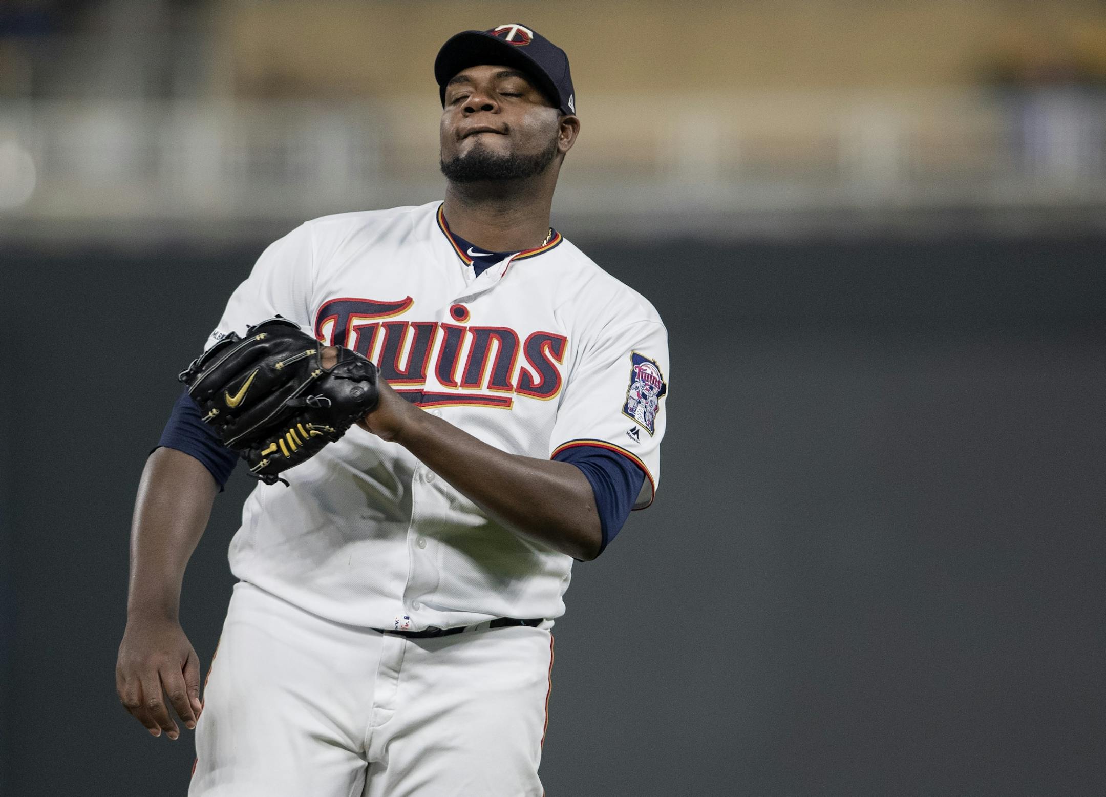 Minnesota Twins starting pitcher Michael Pineda reacted after giving up a home run to Jake Marisnick in the sixth inning.