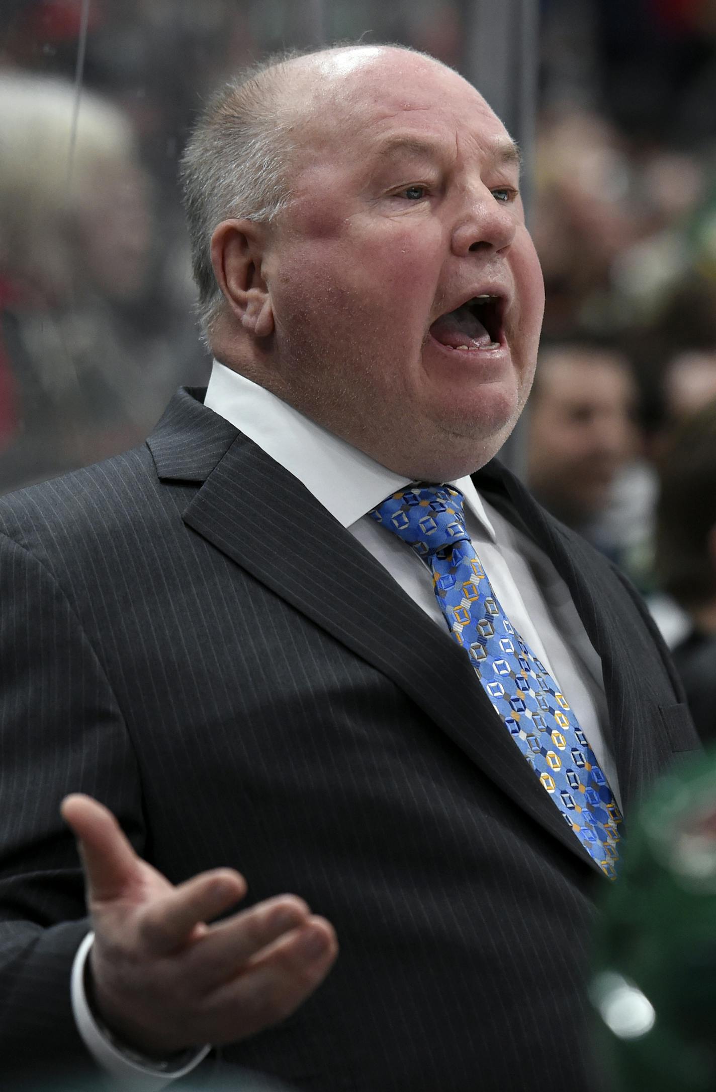 Minnesota Wild head coach Bruce Boudreau reacts to a no goal call against the Boston Bruins during the second period of an NHL hockey game Sunday, March 25, 2018, in St. Paul, Minn. (AP Photo/Hannah Foslien)