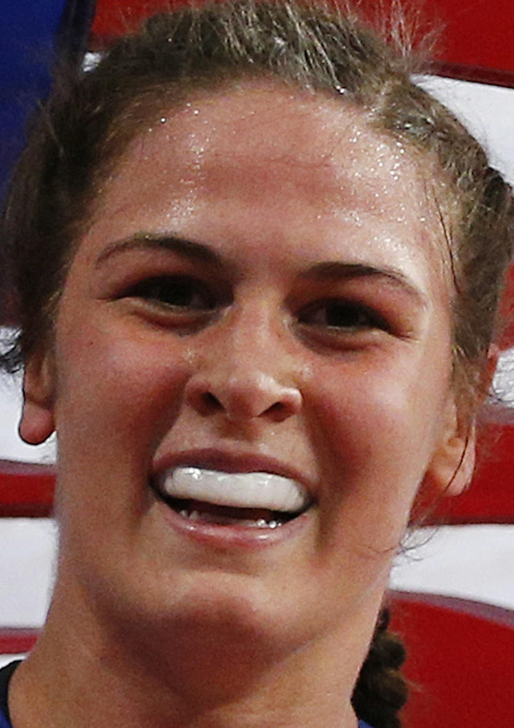 Adeline Maria Gray celebrates after defeating Zhou Qian, of China, during their 75 kilogram womenís freestyle gold-medal match at the wrestling world championships Thursday, Sept. 10, 2015, in Las Vegas. (AP Photo/John Locher) ORG XMIT: NVJL123
