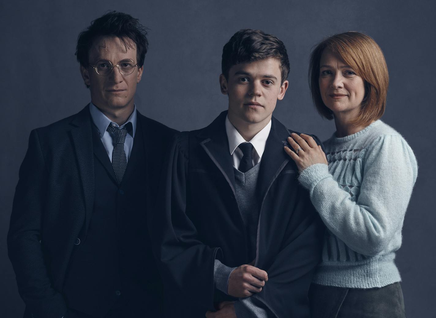 Jamie Parker as Harry Potter, Sam Clemmett as Albus Potter and Poppy Miller as Ginny Potter in the stage production of "Harry Potter and the Cursed Child." Photo by Charlie Gray