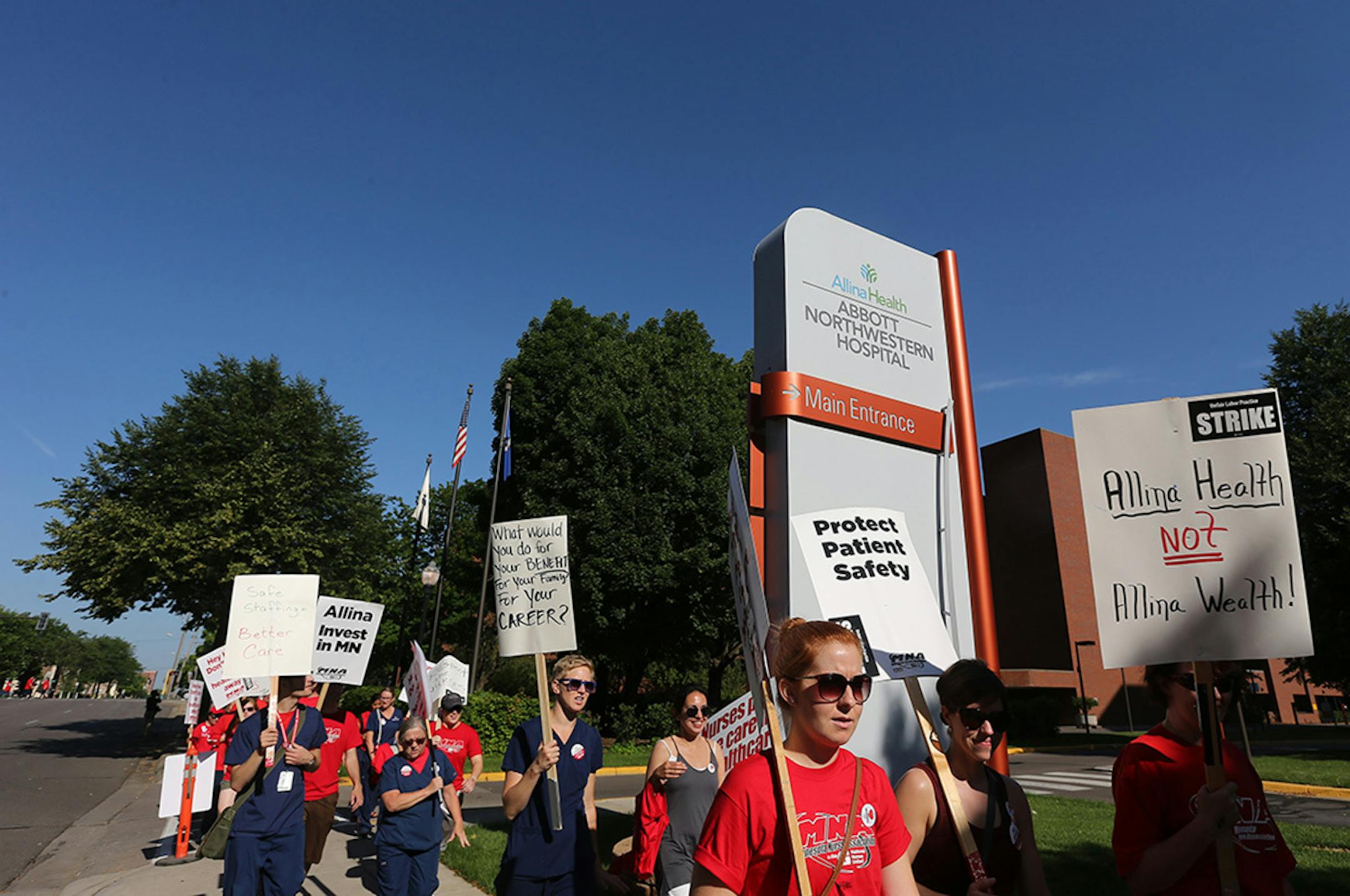 Thousands of nurses walked around Abbott Northwestern on the first day of the strike Sunday June 19, 2016 in Minneapolis, MN.