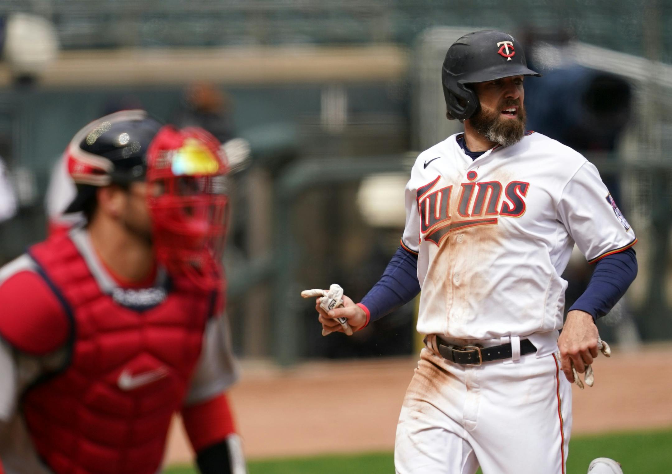 Minnesota Twins right fielder Jake Cave (60) watched as Minnesota Twins shortstop JT Riddle (15) grounded out in the fourth inning. ] ANTHONY SOUFFLE • anthony.souffle@startribune.com