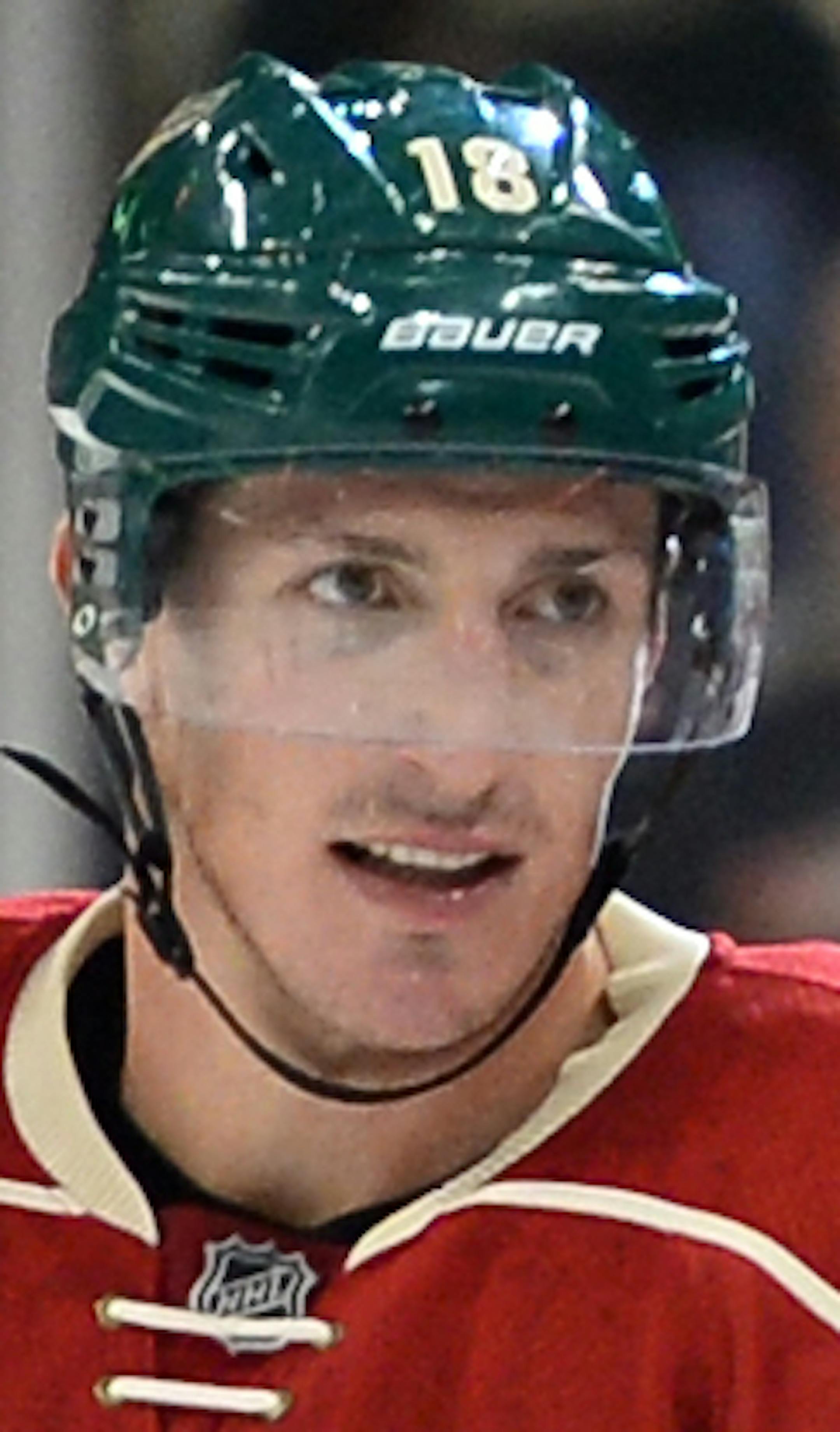 Former wild player and current Anaheim Ducks right wing Chris Stewart (29) looked on as Minnesota Wild center Ryan Carter (18) skated back to the bench after Carter scored the Wild's third point of the game in the second period Saturday. ] (AARON LAVINSKY/STAR TRIBUNE) aaron.lavinsky@startribune.com The Minnesota Wild played the Anaheim Ducks on Saturday, Oct. 24, 2015 at Xcel Energy Center in St. Paul, Minn.