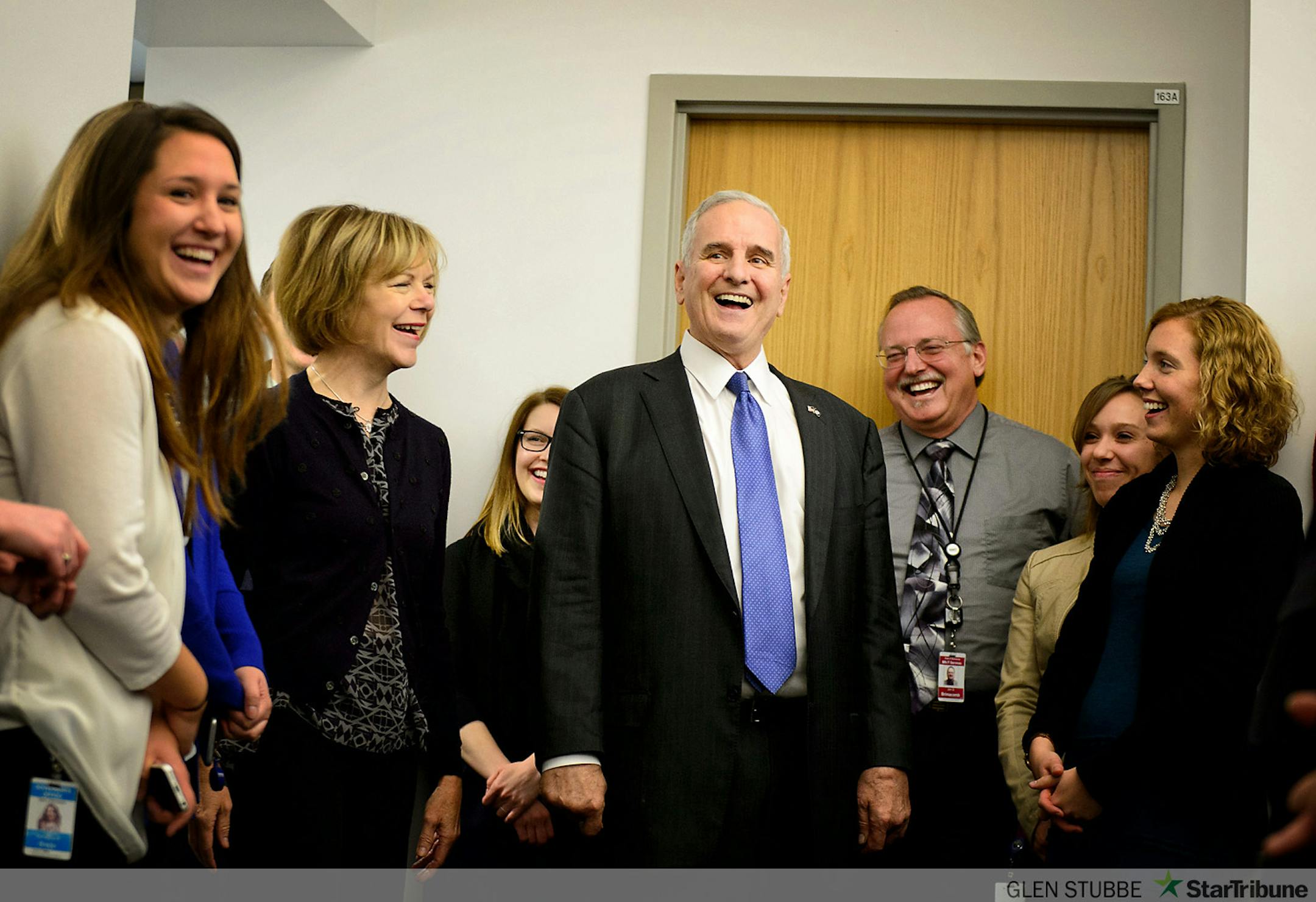 Governor Mark Dayton and Lt. Governor Elect Tina Smith received a rousing round of applause from staffers as they arrived at their offices near the State Capitol after winning the election .        ]   GLEN STUBBE * gstubbe@startribune.com  Wednesday, November 5, 2014