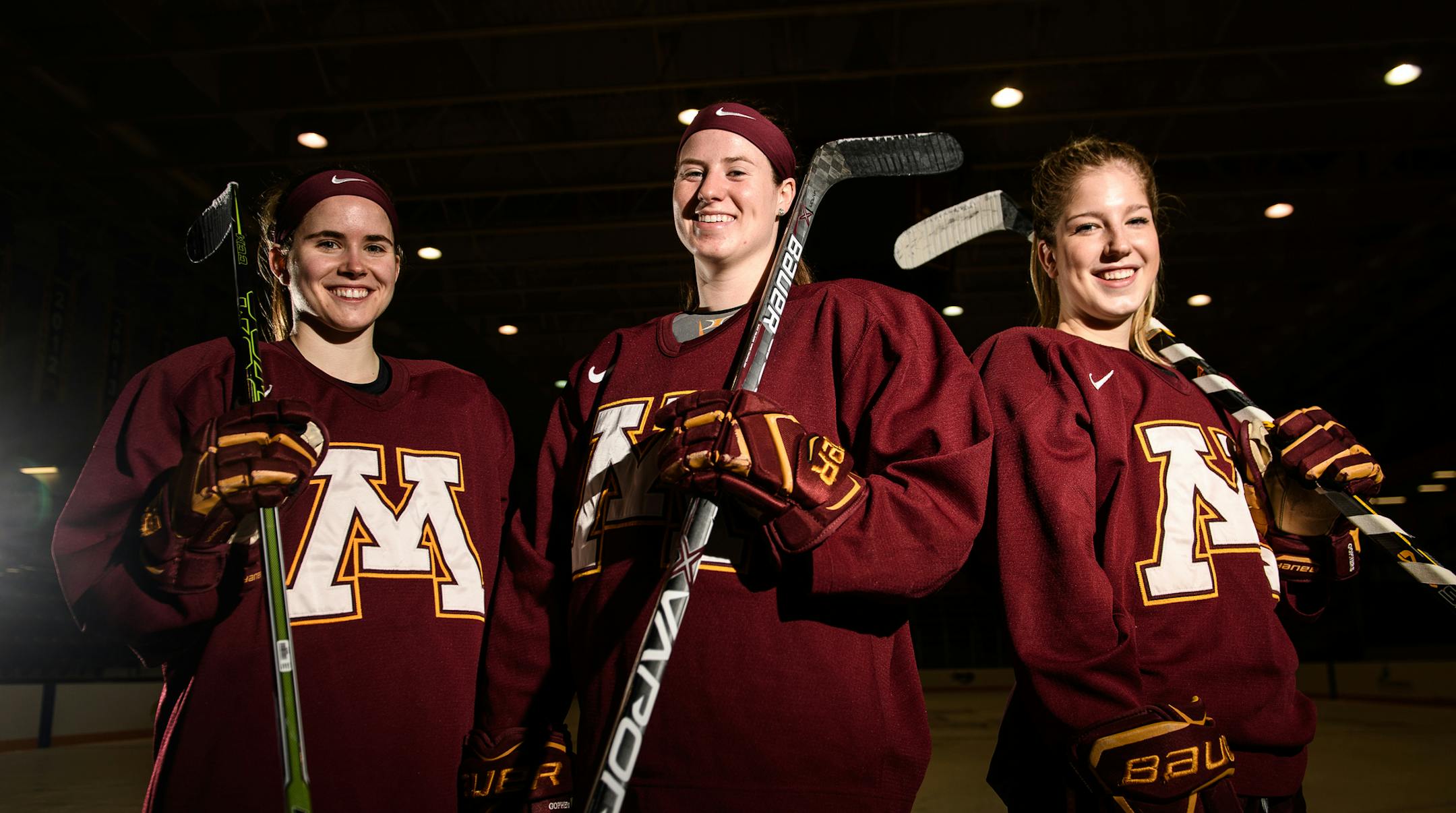 From left, Dani Cameranesi, Kelly Pannek and Sarah Potomak were photographed Tuesday at Ridder Arena. ] AARON LAVINSKY ï aaron.lavinsky@startribune.com Advance for women's frozen four on the Gophers' top line. Photographed Tuesday, March 14, 2017 at Ridder Arena in Minneapolis, Minn.