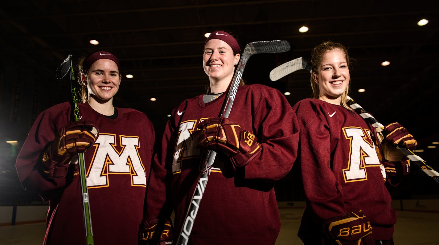 From left, Dani Cameranesi, Kelly Pannek and Sarah Potomak were photographed Tuesday at Ridder Arena. ] AARON LAVINSKY &#xef; aaron.lavinsky@startribune.com Advance for women's frozen four on the Gophers' top line. Photographed Tuesday, March 14, 2017 at Ridder Arena in Minneapolis, Minn.