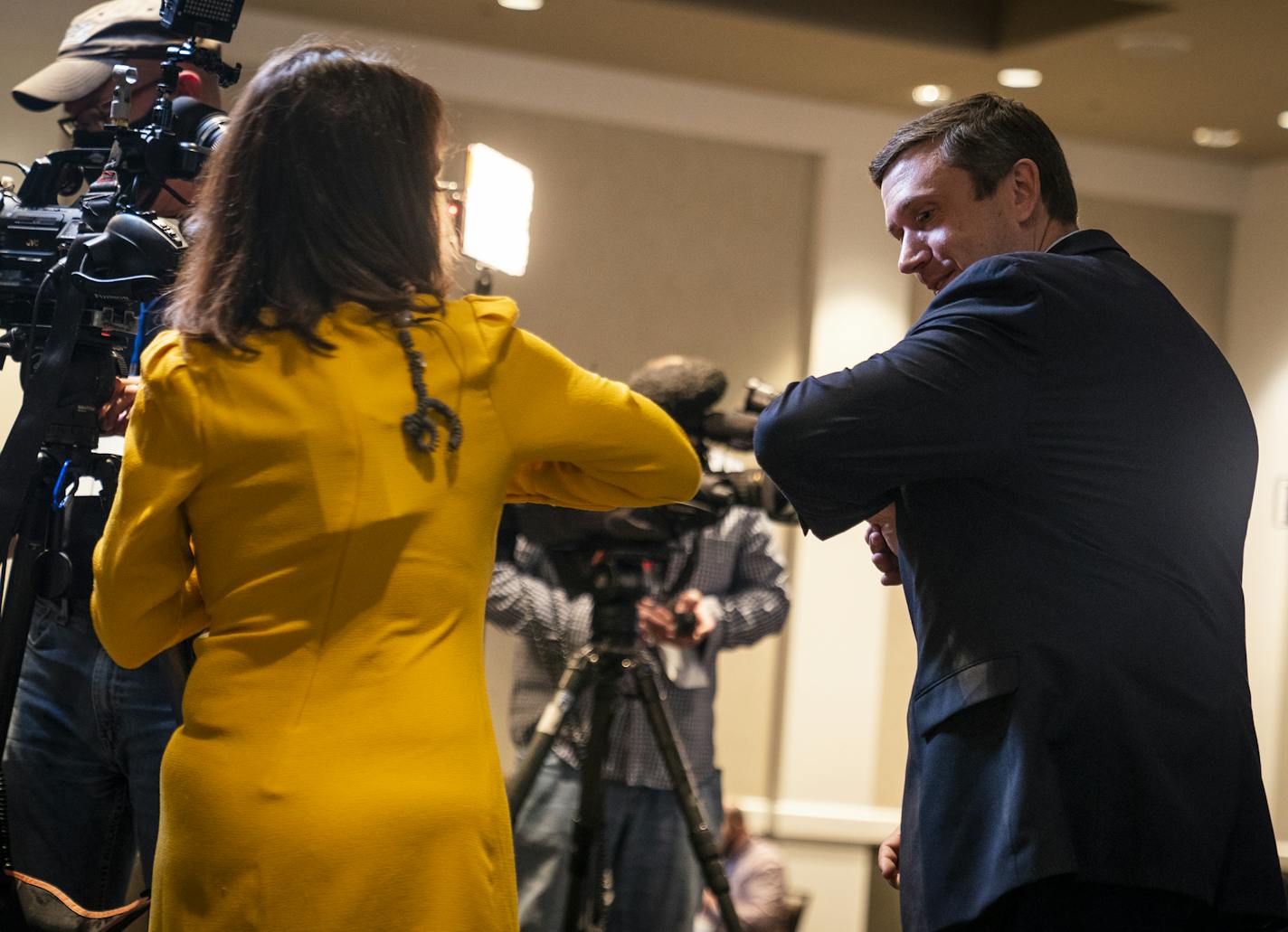 DFL Party Chairman Ken Martin elbow bumped after doing an interview with the media during the DFL Election Night Watch Party. ] LEILA NAVIDI • leila.navidi@startribune.com BACKGROUND INFORMATION: DFL Election Night Watch Party at the Intercontinental Hotel in St. Paul on Tuesday, November 3, 2020.