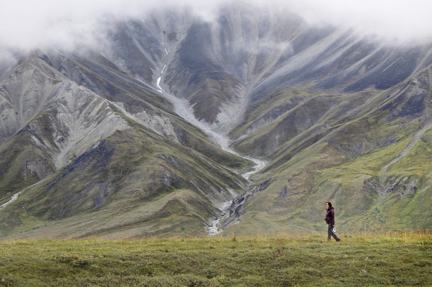 Ruby Tam, a visitor to Wonder Lake, took a short walk on a bluff trail when the Park bus made a rest stop for 20 minutes at Eielson Visitor Center. Located at Mile 66 of Denali Park road, the center is on an elevation of 3,733 ft., high enough to offer a spectacular view of Mt. Denali on a clear day. There are three hiking trails around the visitor center. Ranger-guided programs are also available throughout the day. A same day round trip ride between Park entrance and the Center will take 8 hou