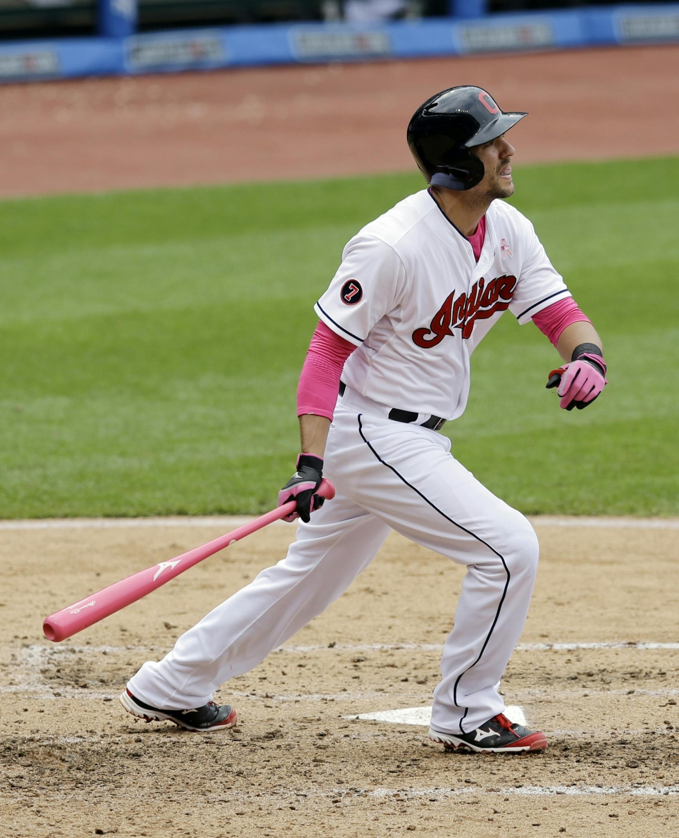 Cleveland Indians� Lonnie Chisenhall hits a three-run home run off Minnesota Twins starting pitcher Trevor May in the fourth inning of a baseball game, Sunday, May 10, 2015, in Cleveland. Carlos Santana and Michael Brantley also scored on the play.