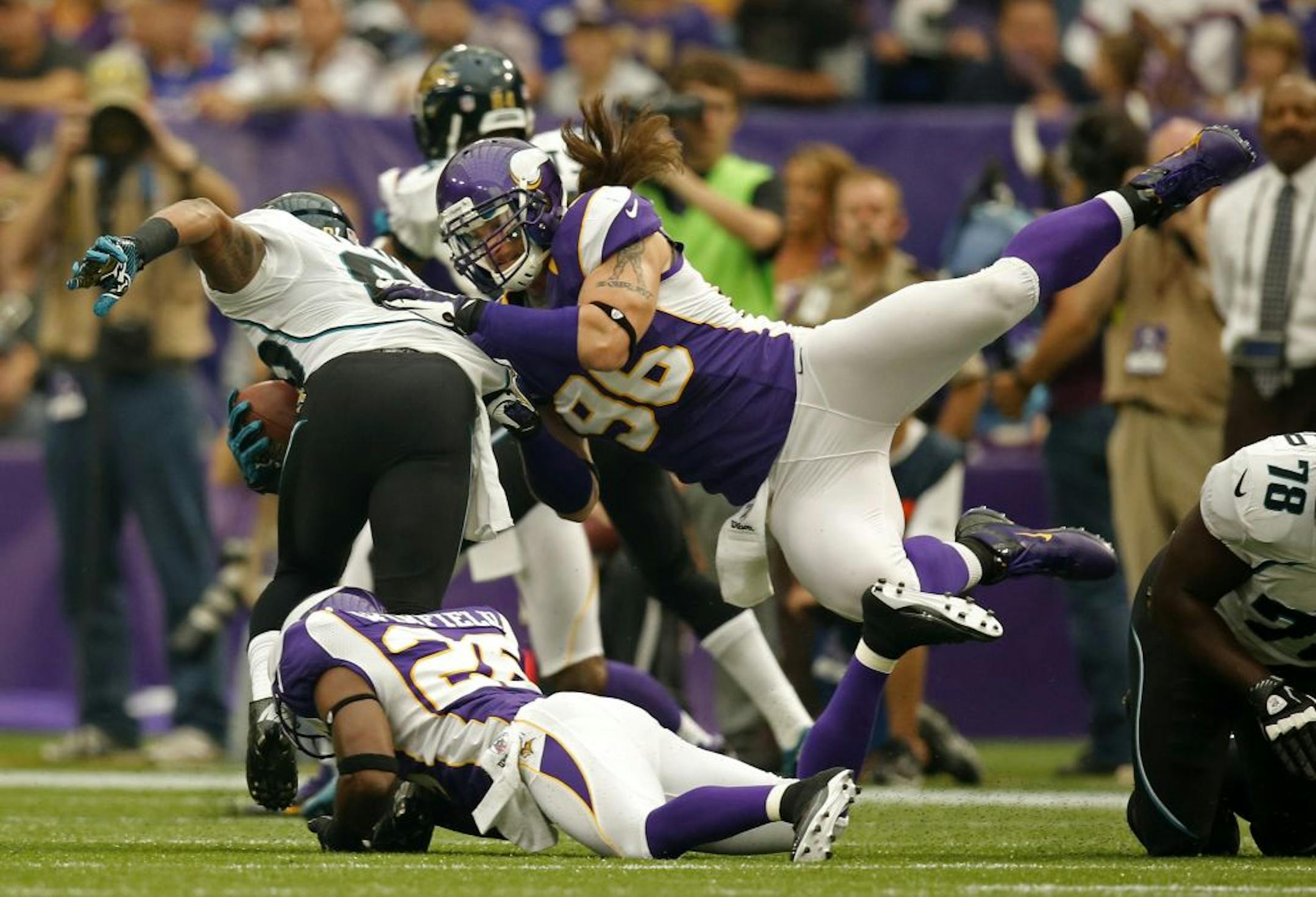 The play of Vikings defensive end Brian Robison (96) in the opener drew the attention of Colts coach Chuck Pagano. "We call him a rolling ball of butcher knives," Pagano said.