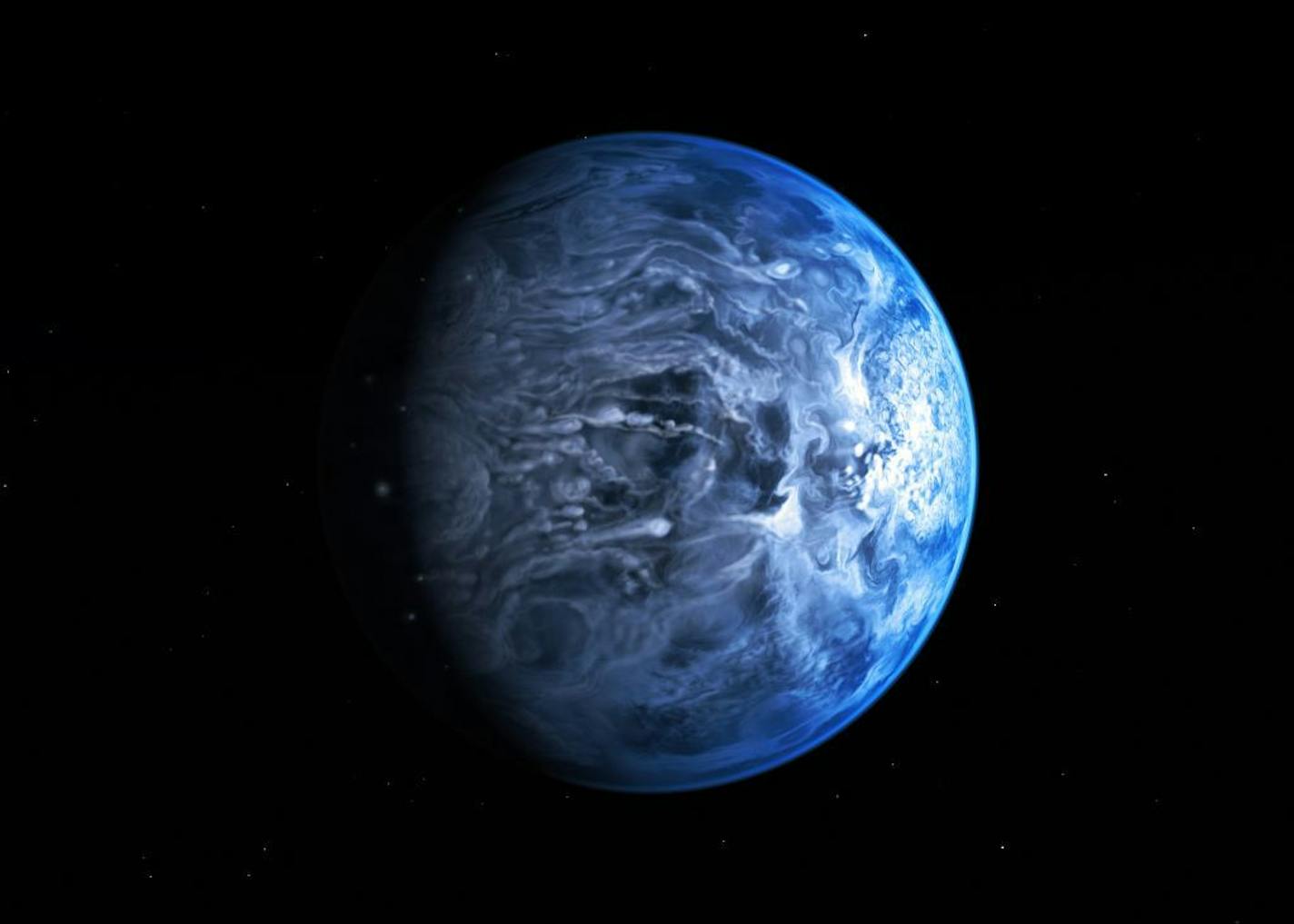 In this undated illustration provided by the European Space Agency (ESA), an artists impression of one of Earth's nearest planets outside the solar system named HD 189733B. Astronomers said Friday, July 12, 2013 that for the first time they had gained an understanding of HD 189733B, which is around 63 light years away by discovering the huge gas giant�s blue color. To ascertain the planet�s color the astronomers measured the amount of light reflected of its surface as it eclipsed its host star.